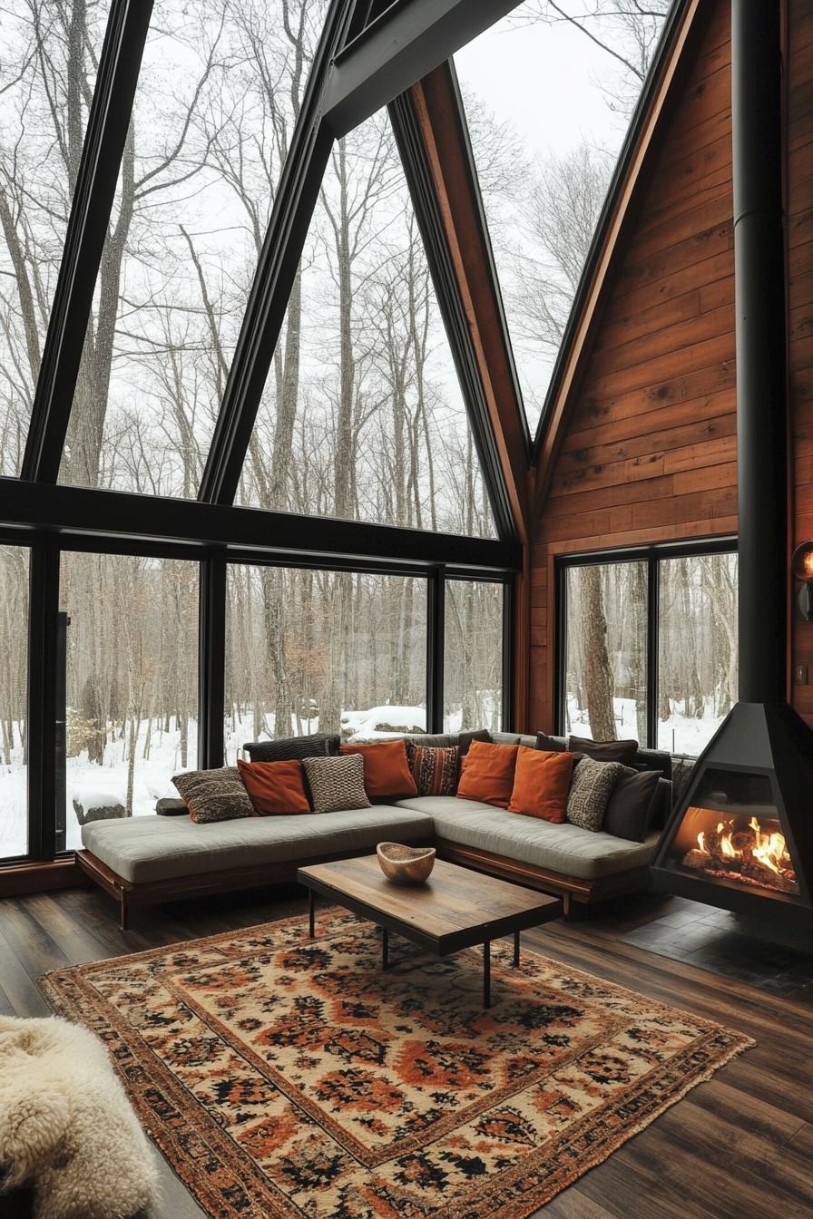 interior of a frame cabin in the woods full glass windows darkwood interior fireplace hardwood floor with pattern area rug sectional sofa with 2