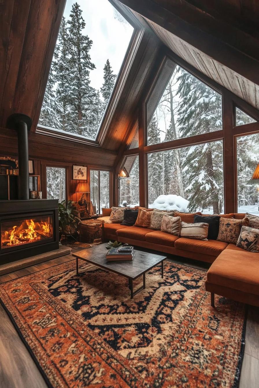 interior of a frame cabin in the woods full glass windows darkwood interior fireplace hardwood floor with pattern area rug sectional sofa with 3