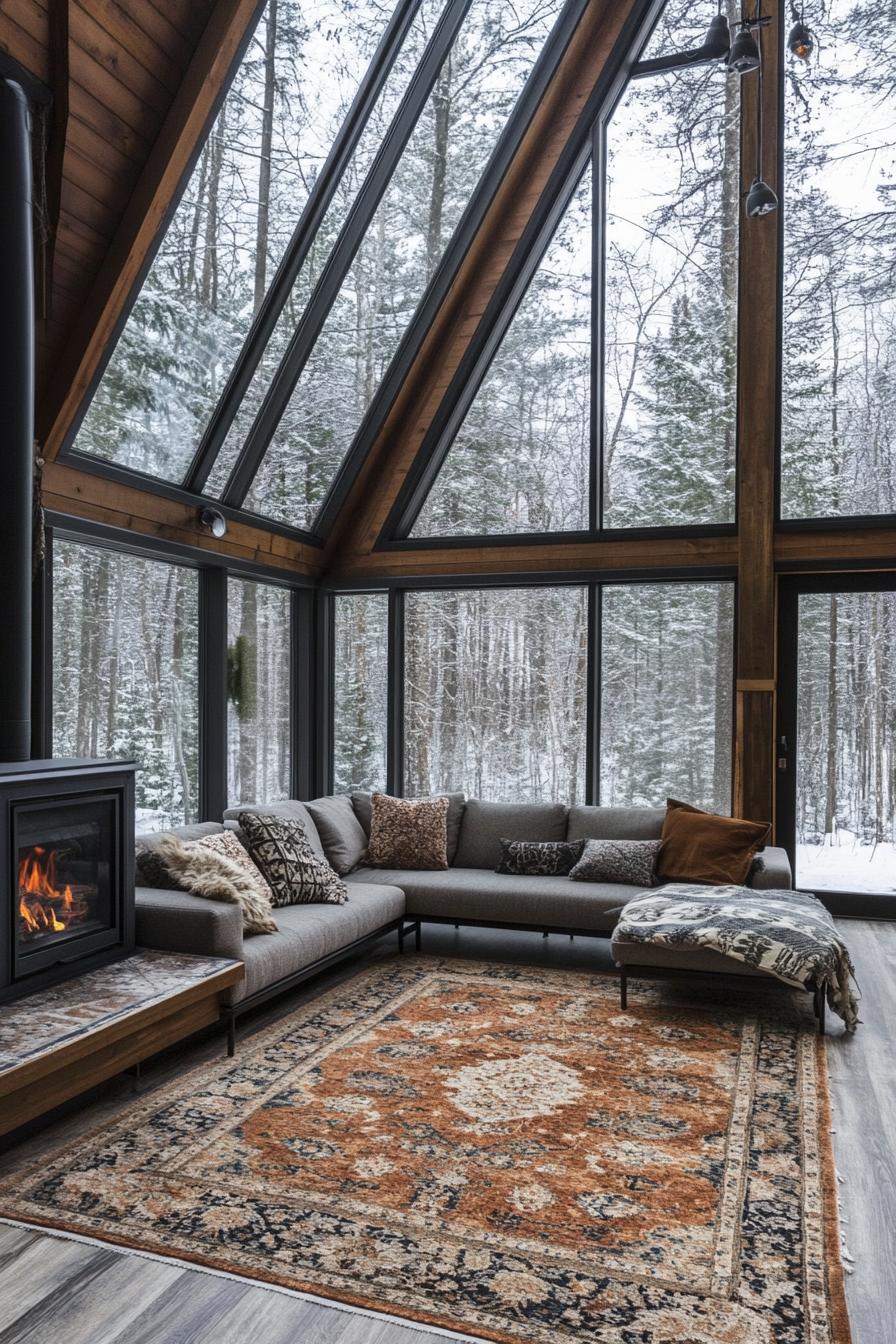 interior of a frame cabin in the woods full glass windows darkwood interior fireplace hardwood floor with pattern area rug sectional sofa with