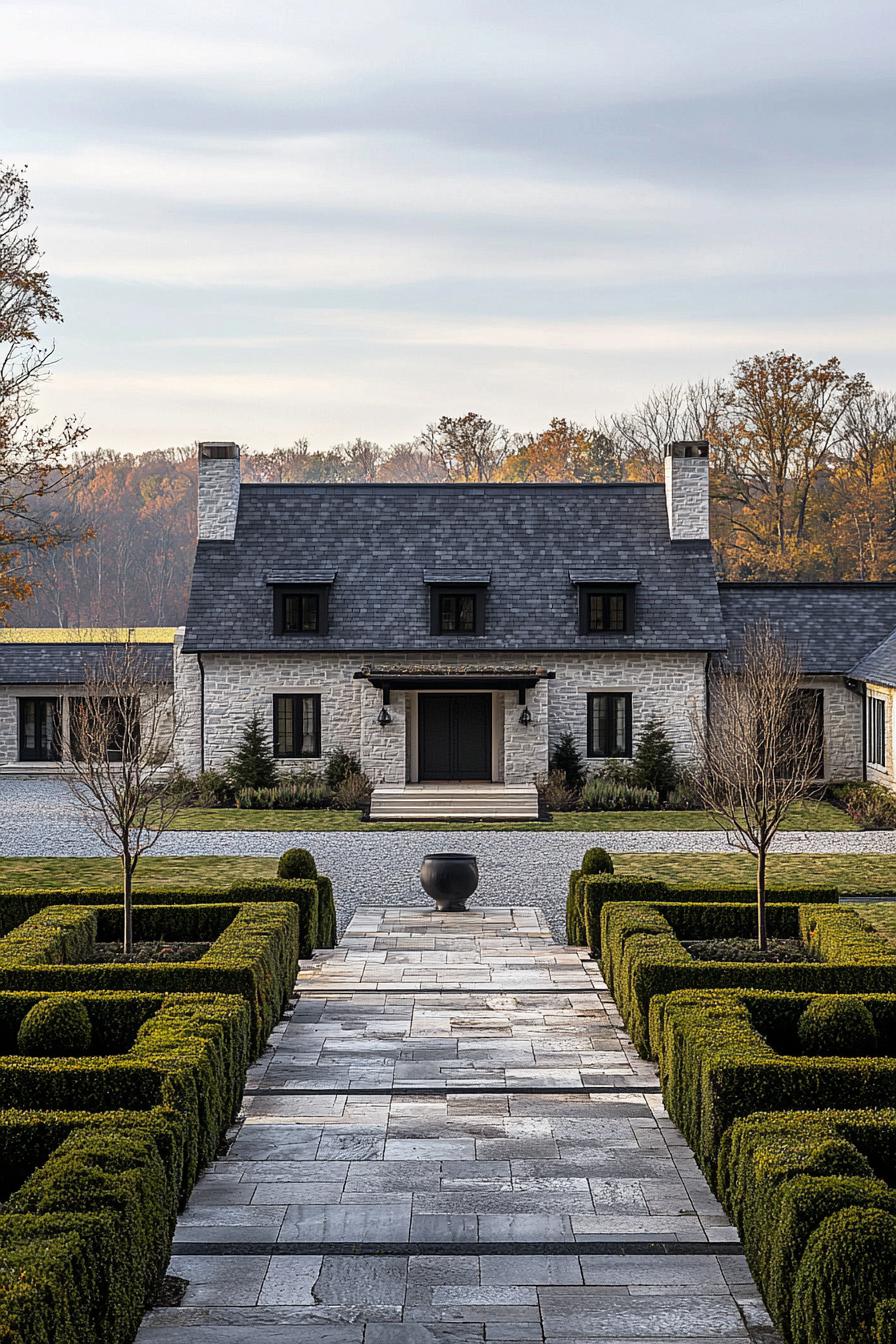 luxury farm stone mansion with black shingle roof large paved courtyard with geometric shrubs farmland with trees in the background 1