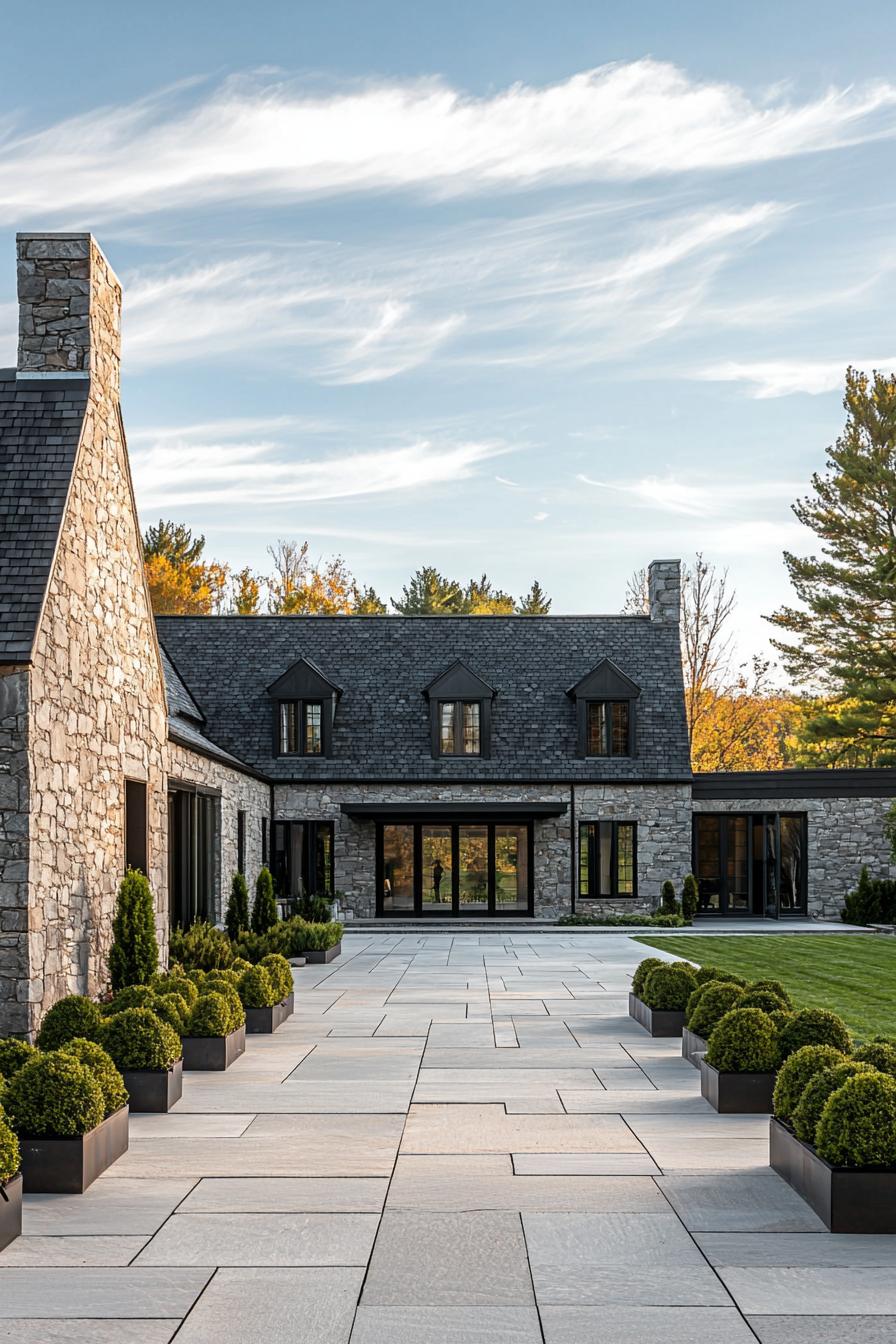 Luxurious stone house with manicured shrubs