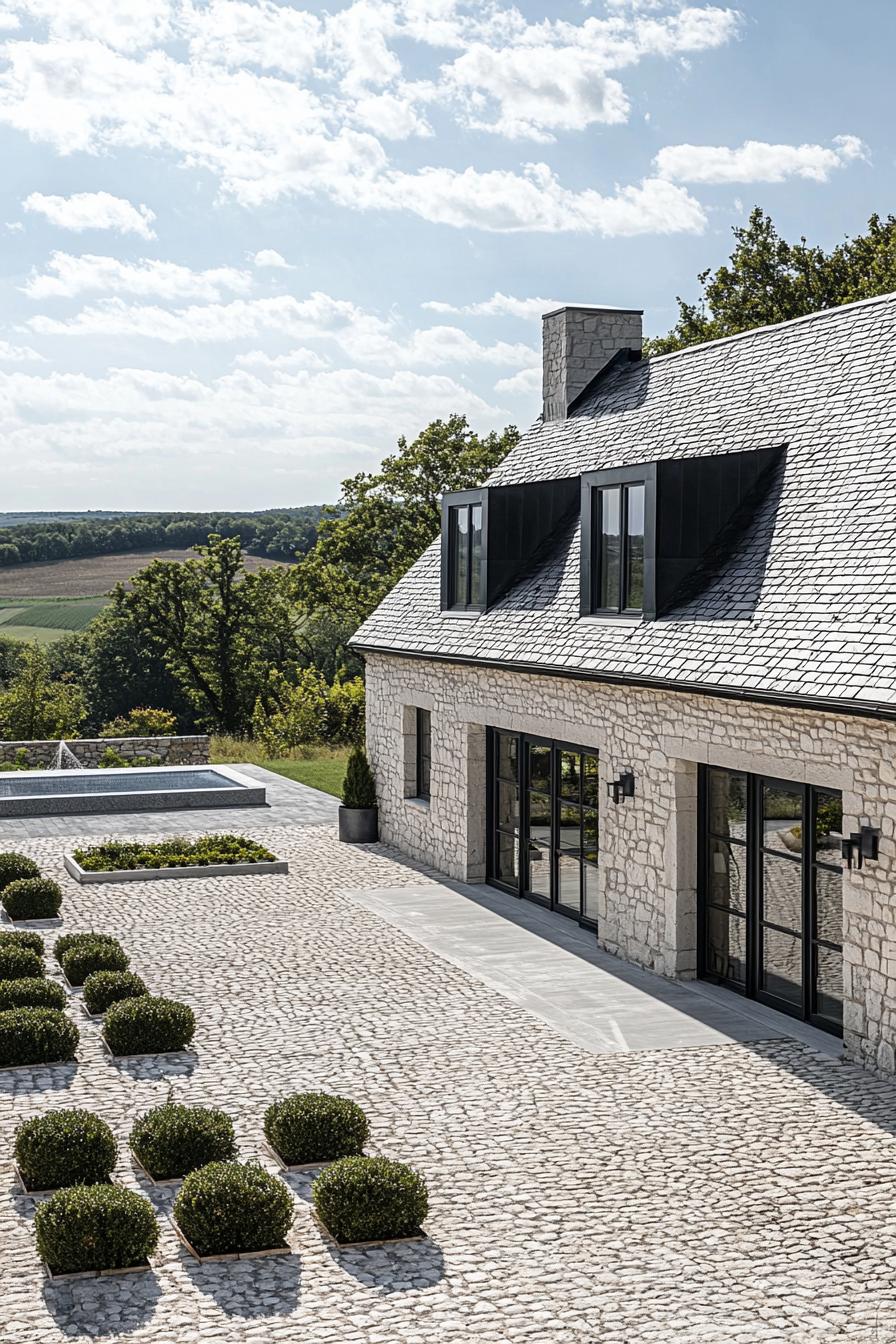 Modern stone house with a slate roof and cobblestone courtyard