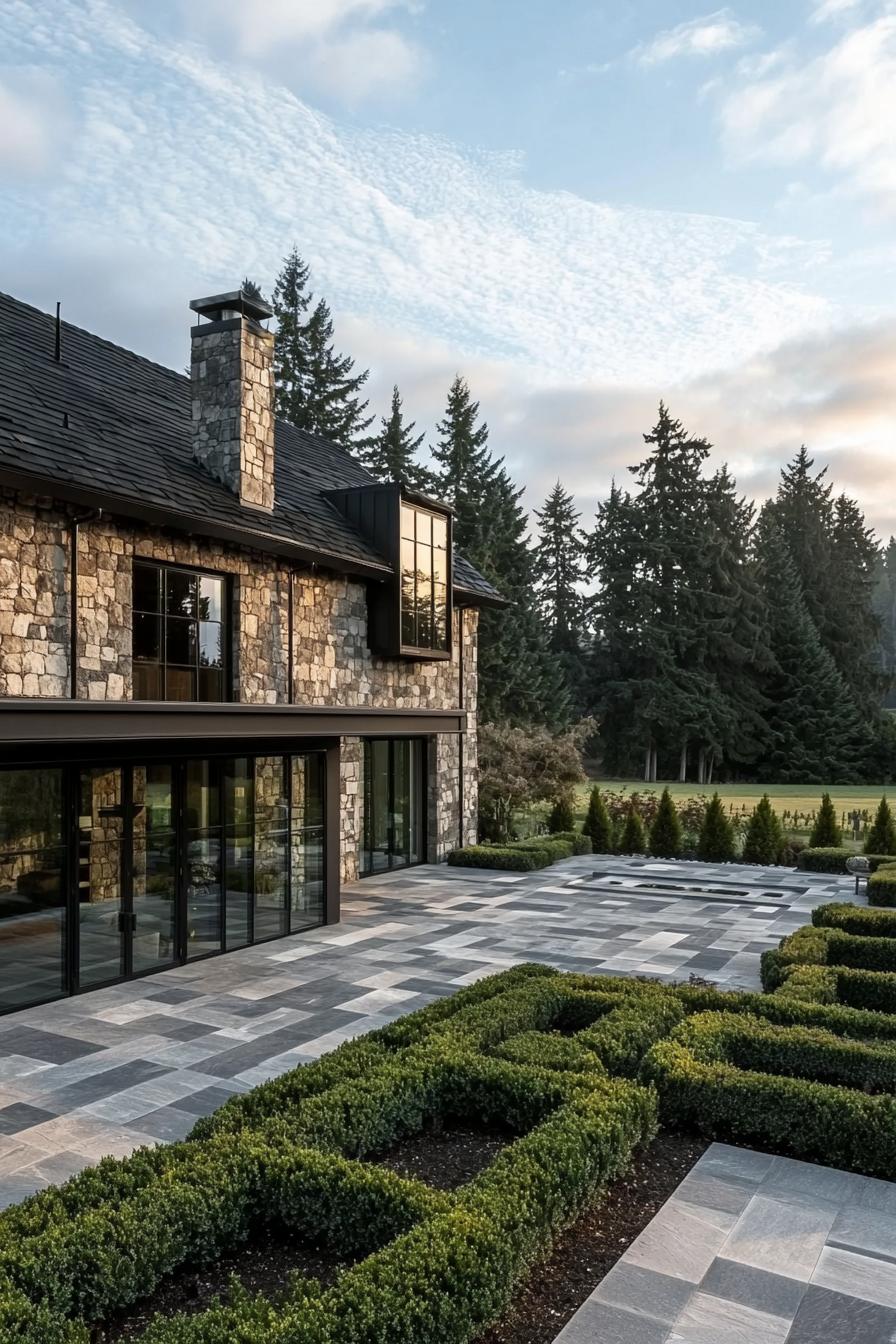 Grand stone manor with geometric garden and forest backdrop