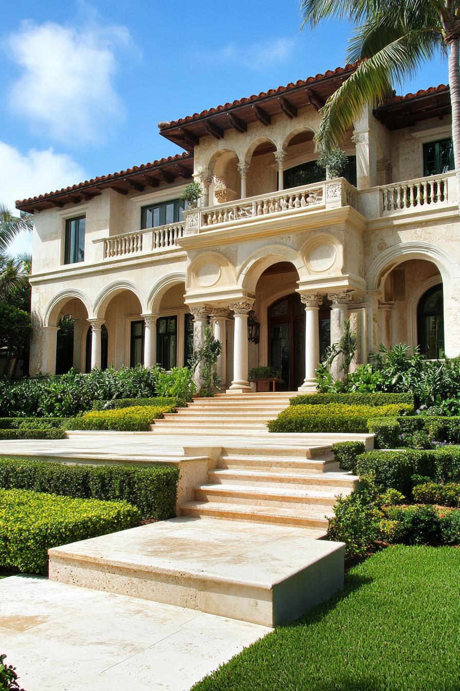 mediterranean linestone mansion with arches and columns front yard with steps and shrubs v 6.1