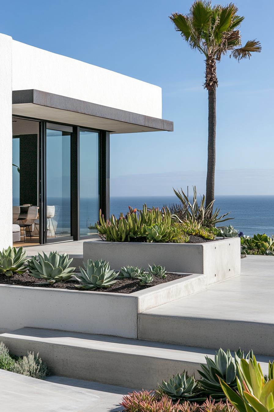 moder rooftop terrace of white concrete building concrete planters with succulents and leafy plants concrete paved ground sliding door to living 1