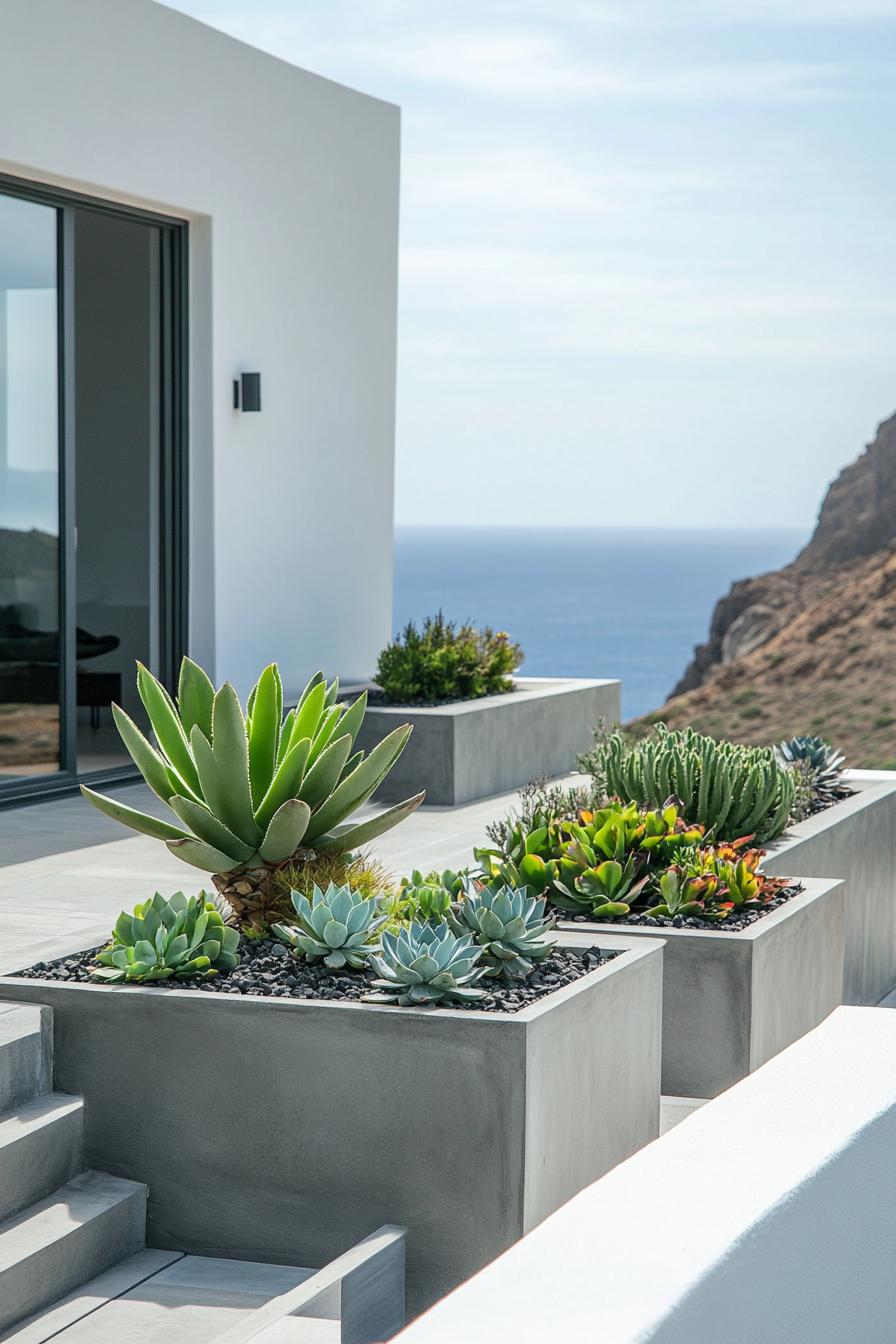 moder rooftop terrace of white concrete building concrete planters with succulents and leafy plants concrete paved ground sliding door to living 2