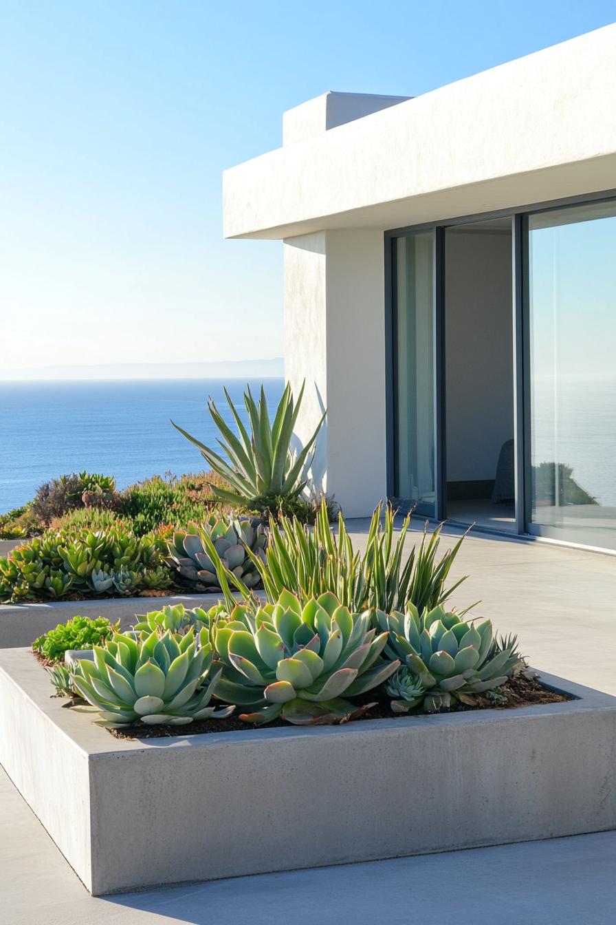 moder rooftop terrace of white concrete building concrete planters with succulents and leafy plants concrete paved ground sliding door to living 3