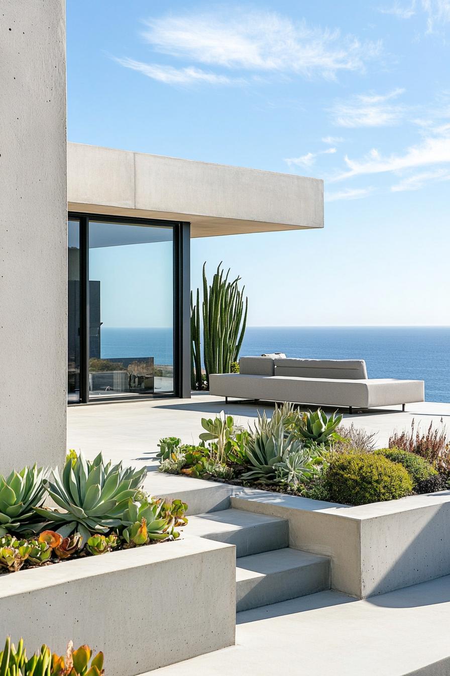 moder rooftop terrace of white concrete building concrete planters with succulents and leafy plants concrete paved ground sliding door to living