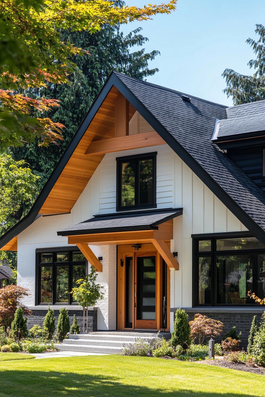 Modern Scandinavian house with black roof and wooden accents