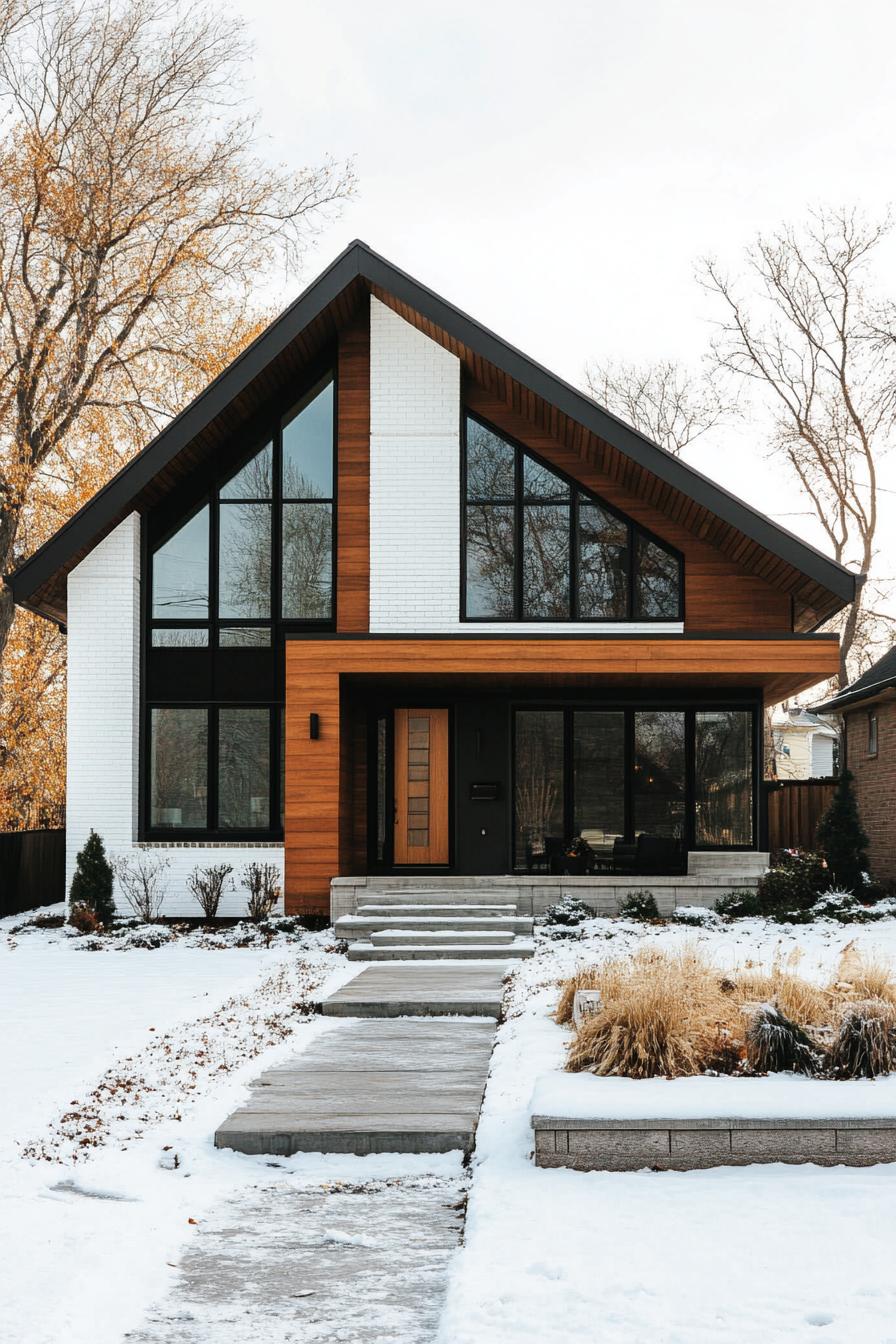 Modern house with wooden accents and snowy yard