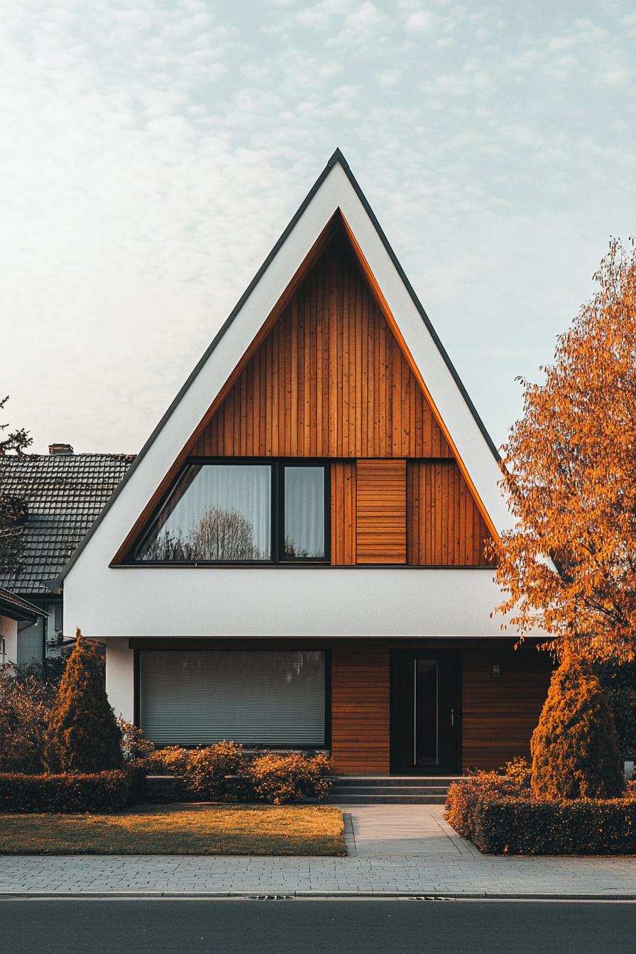 A modern A-frame house with wood and white exterior