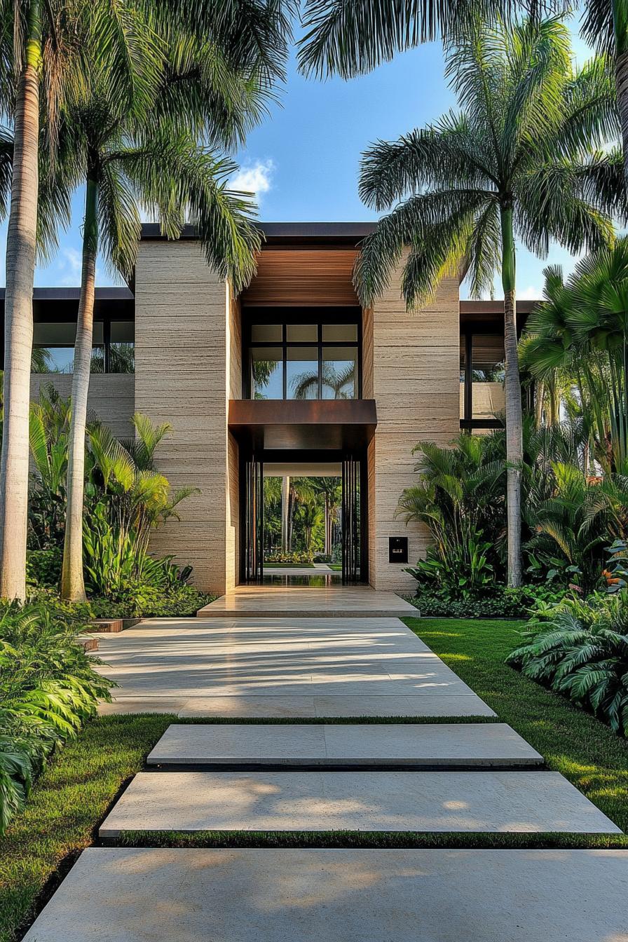 modern concrete villa design with textured siding the main entrace is large square shaped open hall on the far end of the hall the inner courtyard 3