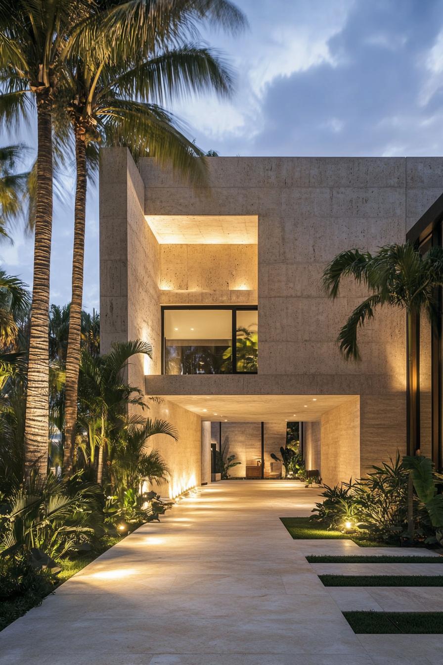 modern concrete villa design with textured siding the main entrace is large square shaped open hall on the far end of the hall the inner courtyard