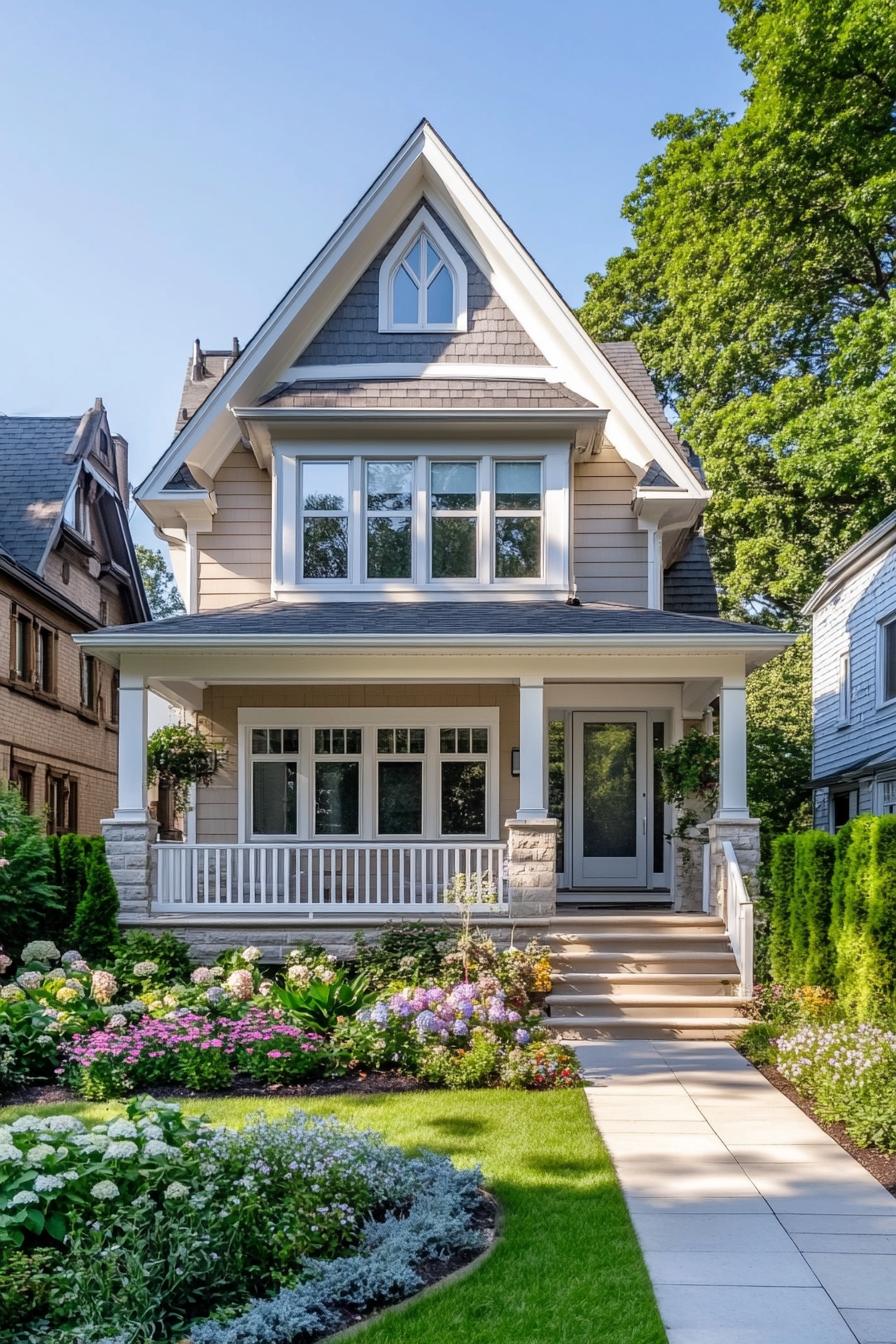 modern cottage in pastel yellow siding stone grey multi pitched roof large windows with white trim and mouldings porch with white railings and 1