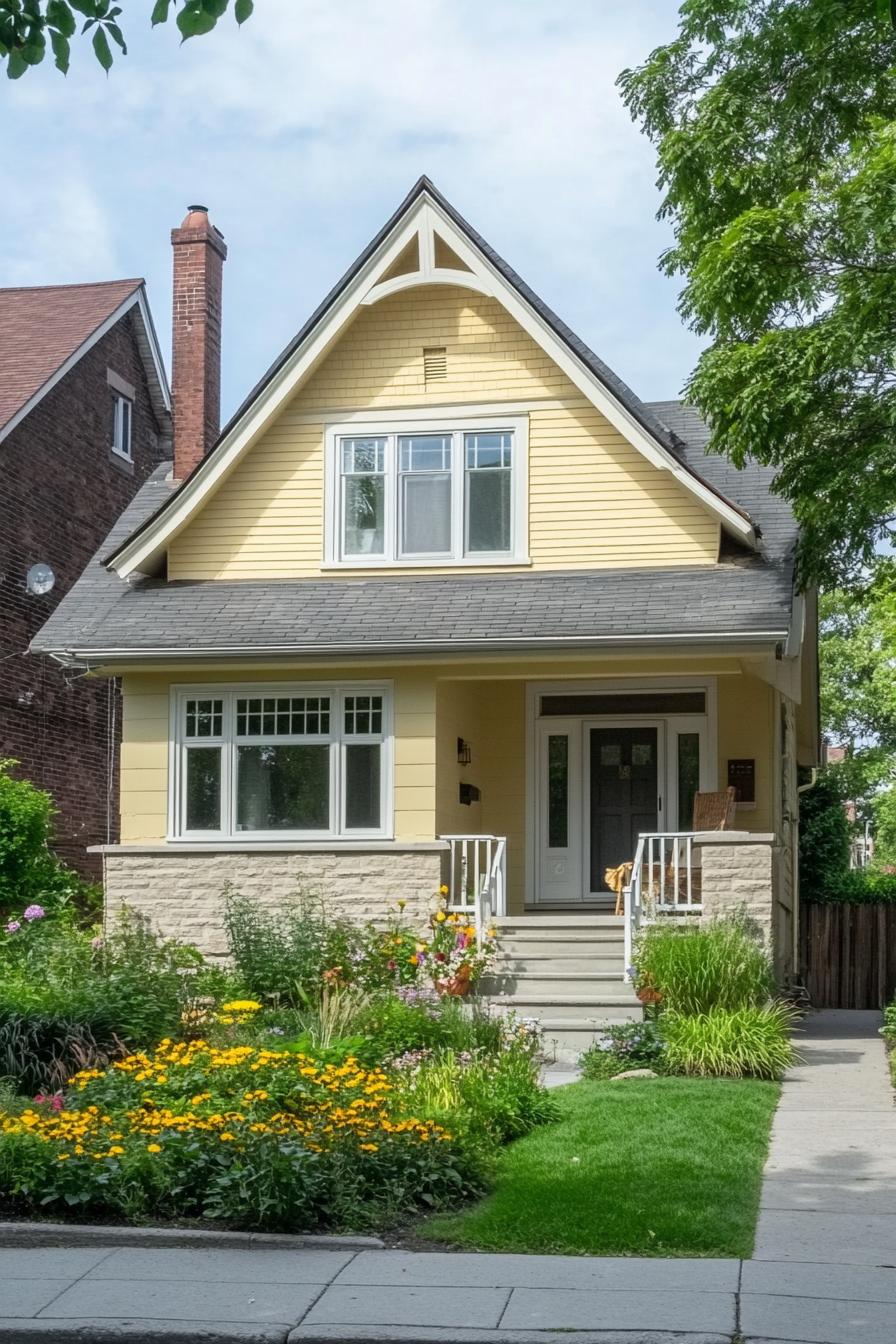 modern cottage in pastel yellow siding stone grey multi pitched roof large windows with white trim and mouldings porch with white railings and