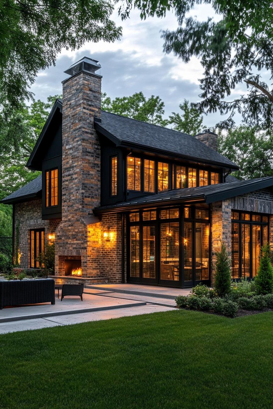 modern dark brick cottage house with black trim multi pitche black roof brick chimney large windows with black trim concrete patio front yard 1