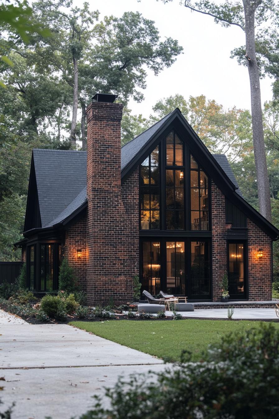 modern dark brick cottage house with black trim multi pitche black roof brick chimney large windows with black trim concrete patio front yard 2