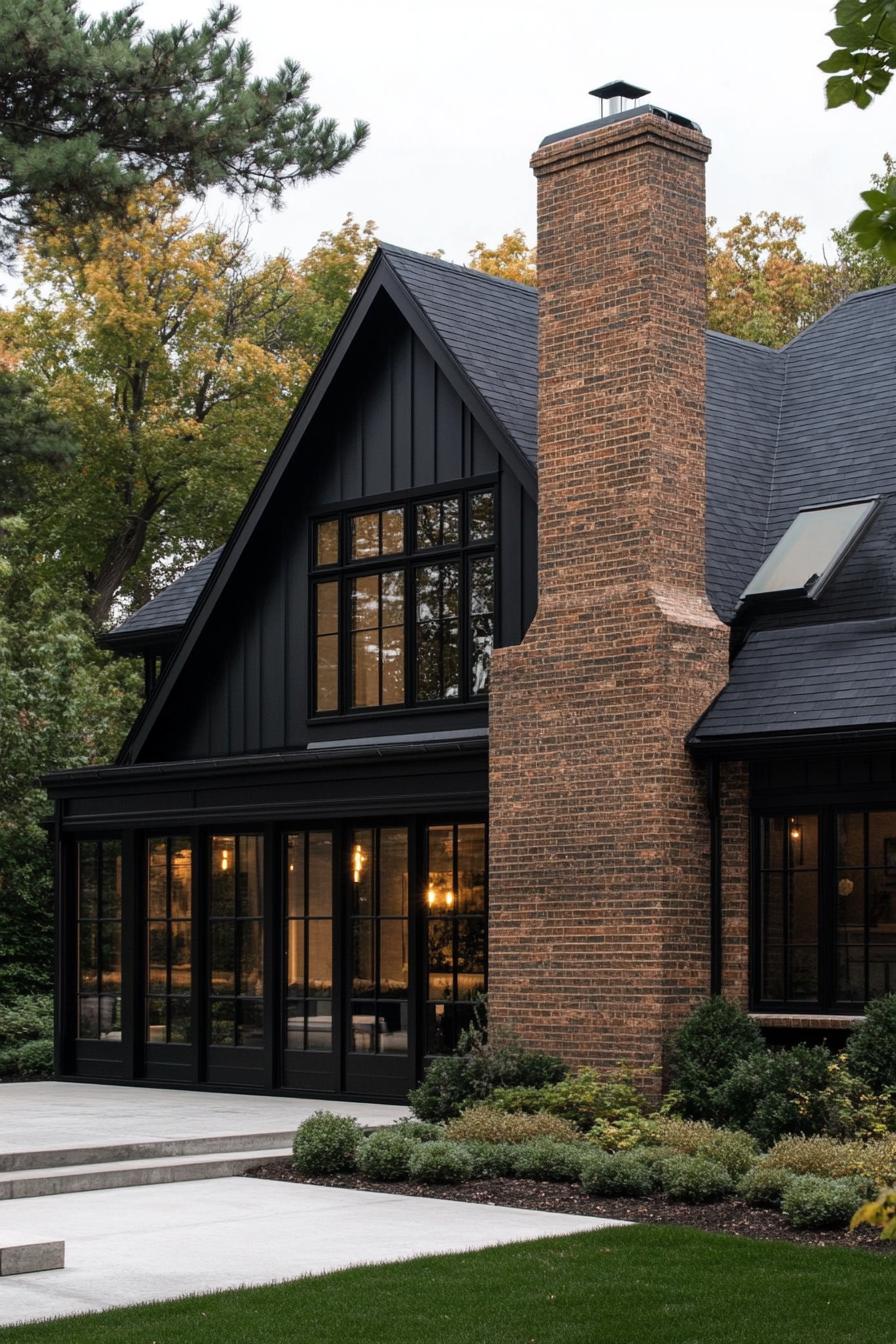 modern dark brick cottage house with black trim multi pitche black roof brick chimney large windows with black trim concrete patio front yard 3