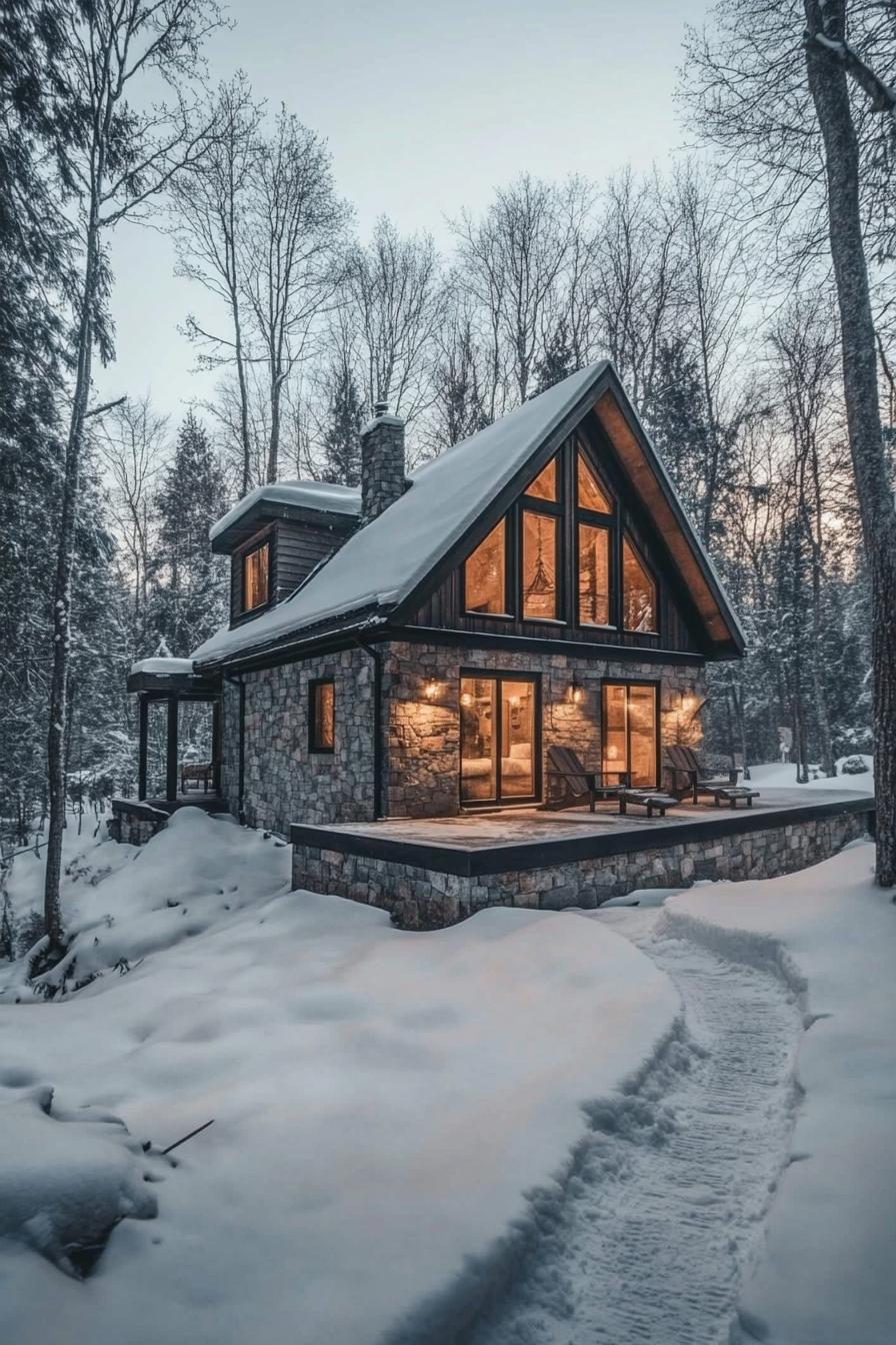 modern forest chalet in stone siding and dark wood details large porch with adirondack chairs v 6.1 1