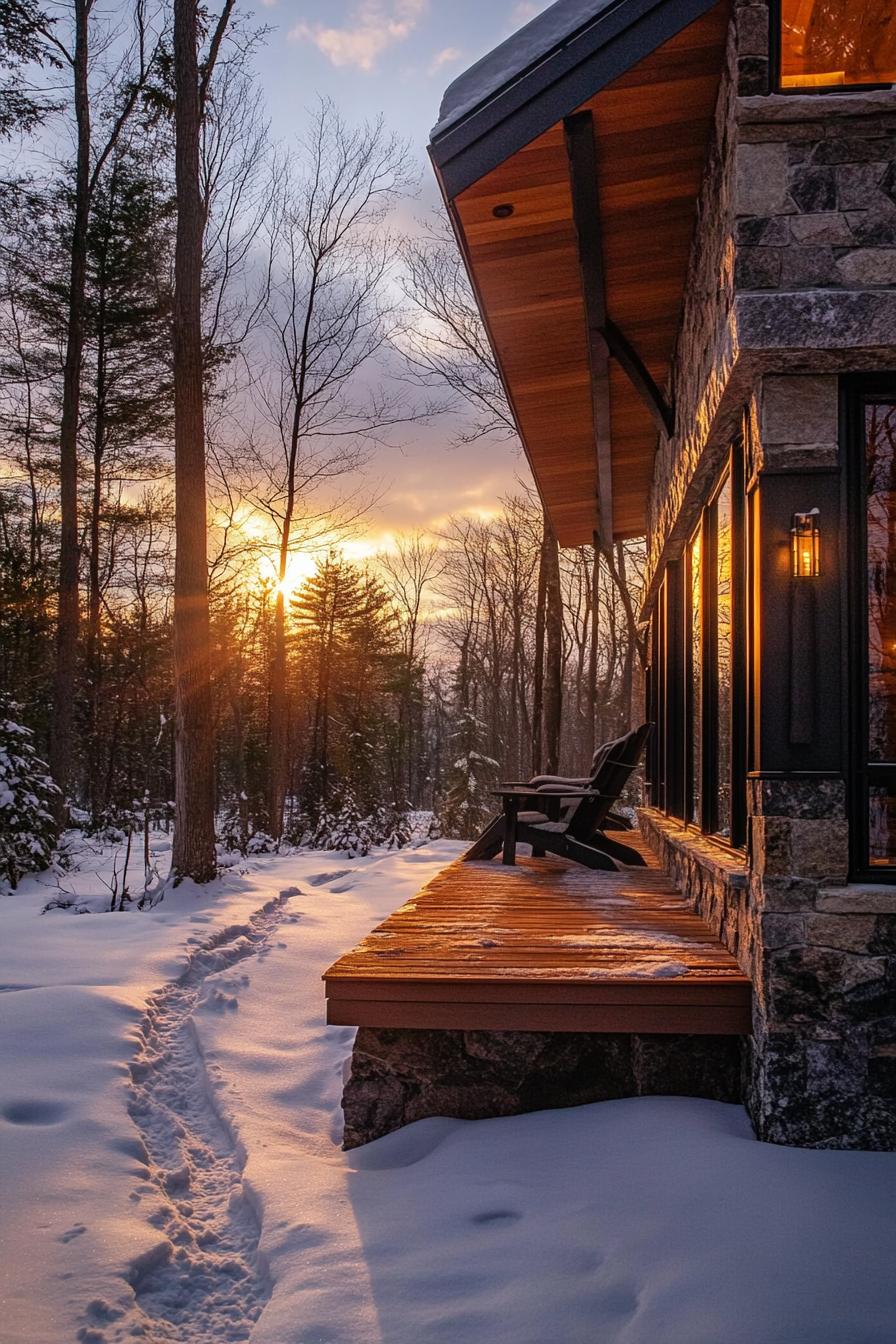 modern forest chalet in stone siding and dark wood details large porch with adirondack chairs v 6.1