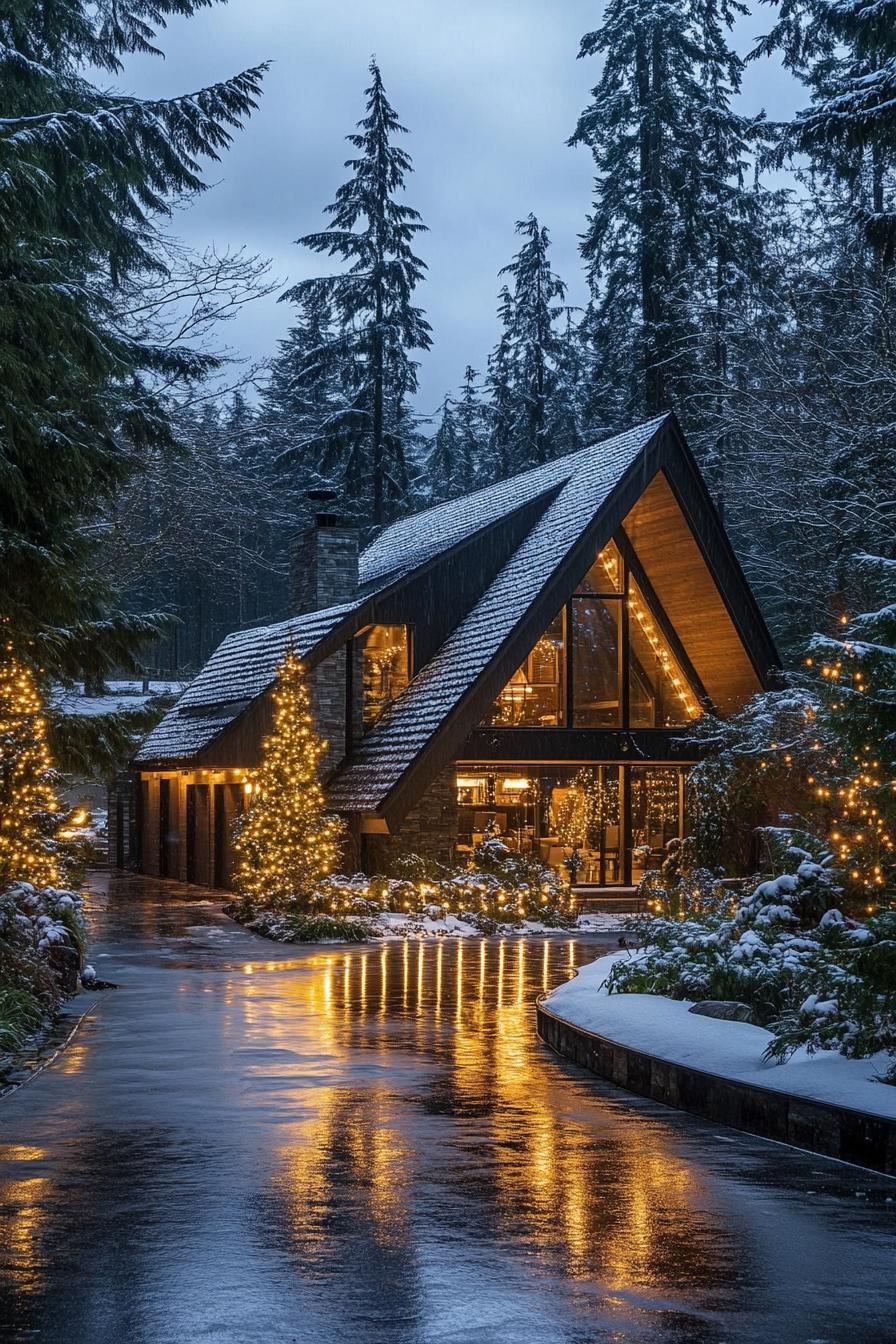 modern forest chalet with gabled roof wintertime with lots of snow wet driveway lined with string lights house trimmed with string lights front 1