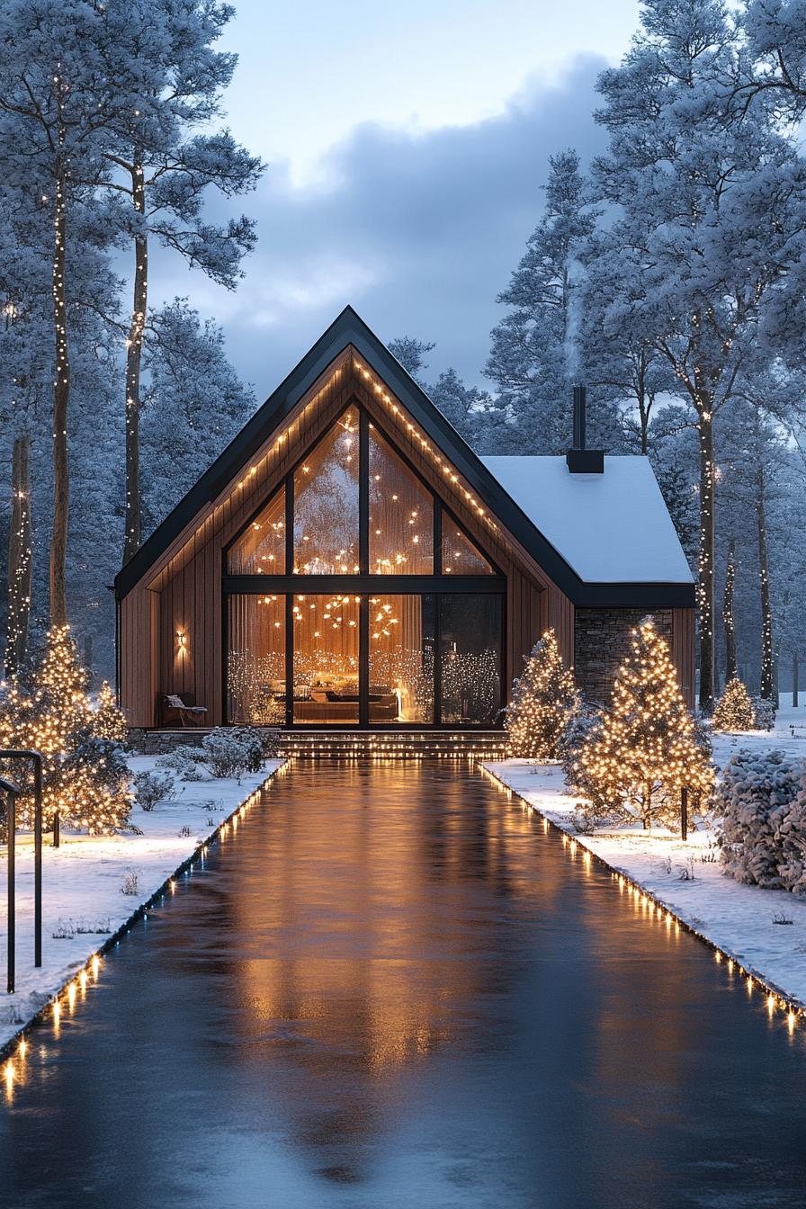 modern forest chalet with gabled roof wintertime with lots of snow wet driveway lined with string lights house trimmed with string lights front 2