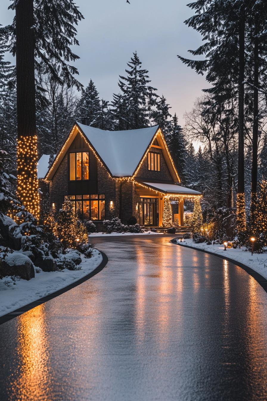 modern forest chalet with gabled roof wintertime with lots of snow wet driveway lined with string lights house trimmed with string lights front 3