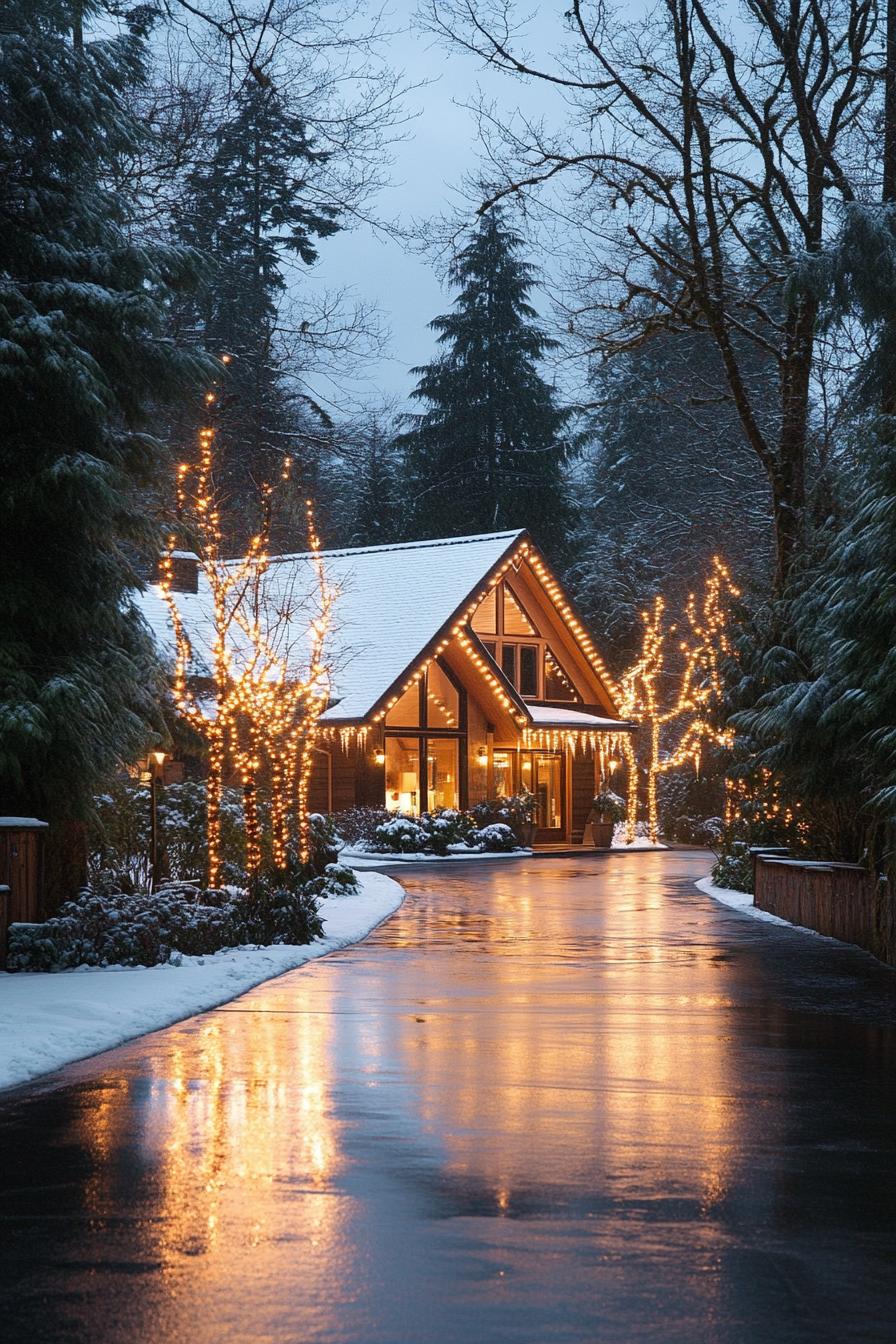 modern forest chalet with gabled roof wintertime with lots of snow wet driveway lined with string lights house trimmed with string lights front