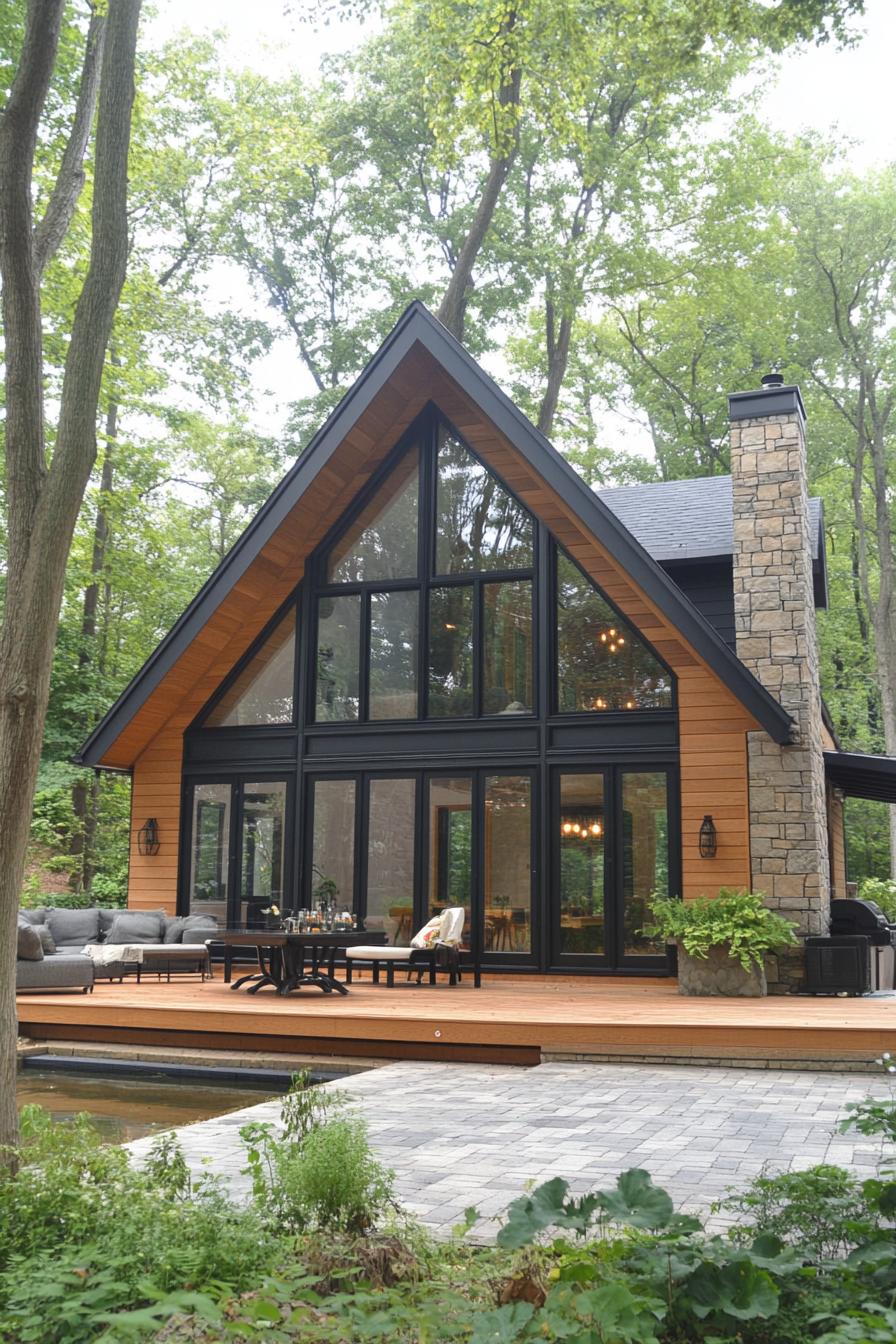 Cozy A-Frame cabin nestled among lush trees with a stone chimney