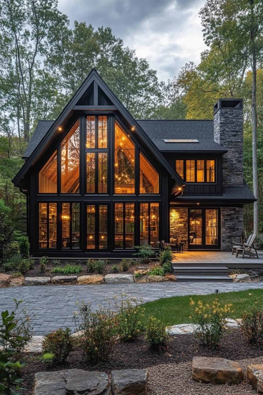 A-frame house with tall glass windows glowing inside