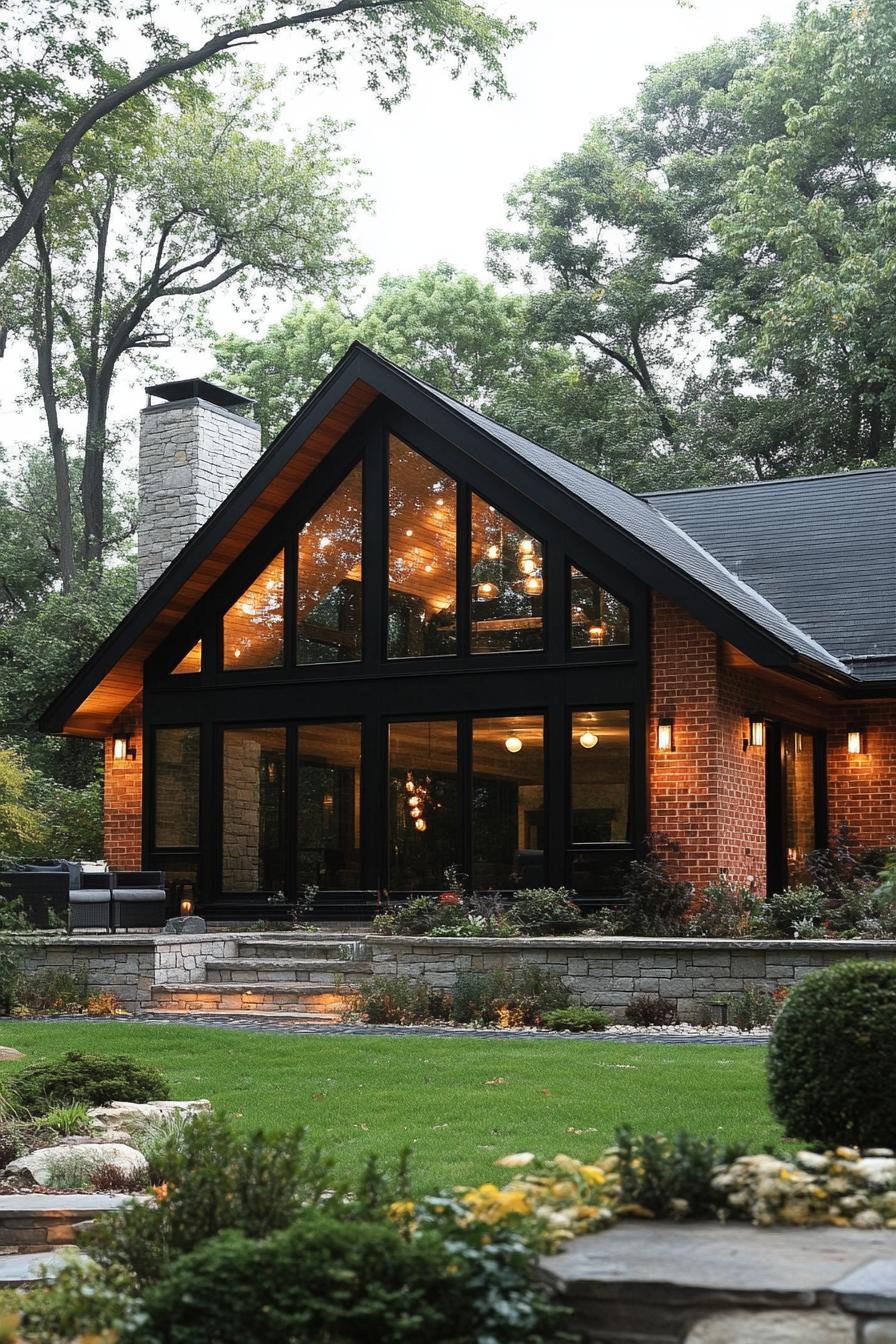 Gable house with a brick exterior and large glass windows