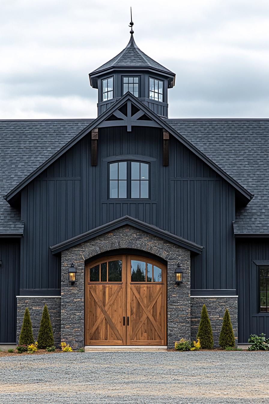 Modern barn house with dark siding and stone accents