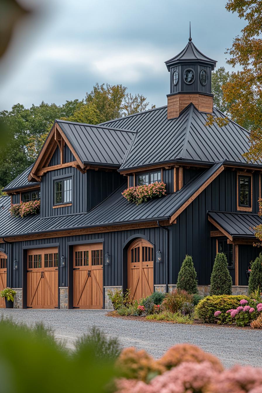 Modern barn house with dark siding and wooden accents