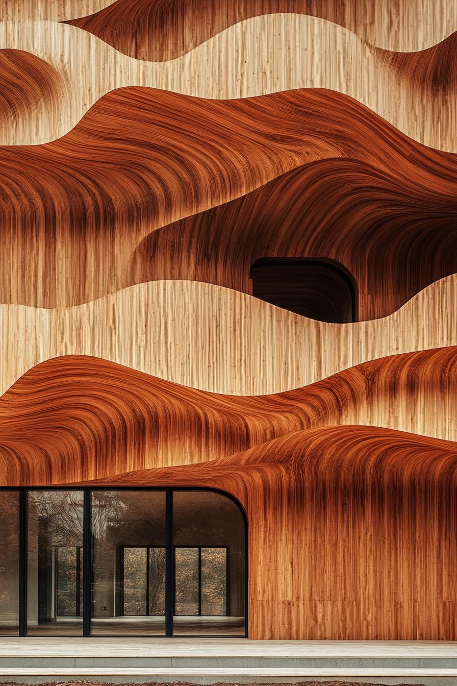 Flowing wooden facade with wave-like design