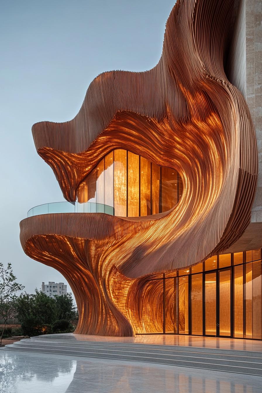 Flowing wooden facade with glowing light