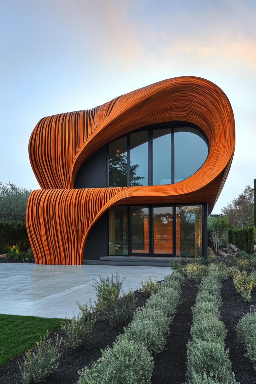 modern house facade covered in carved wood slats making a wavy pattern 3