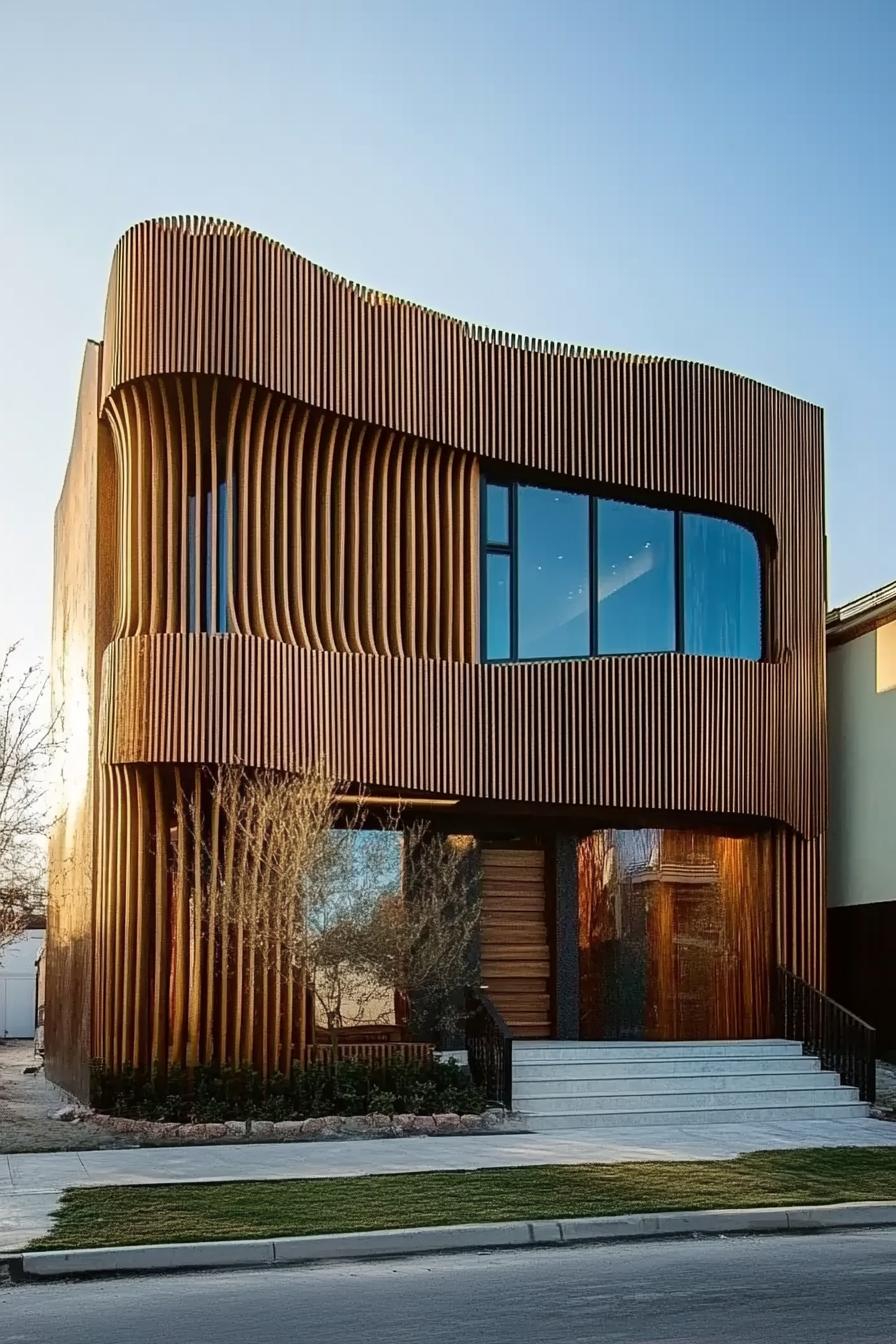 Curved timber facade house with large windows