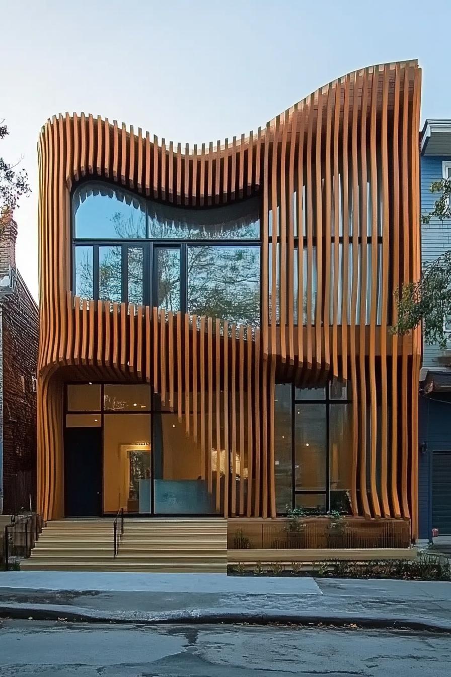 Artistic wood facade with wavy slats