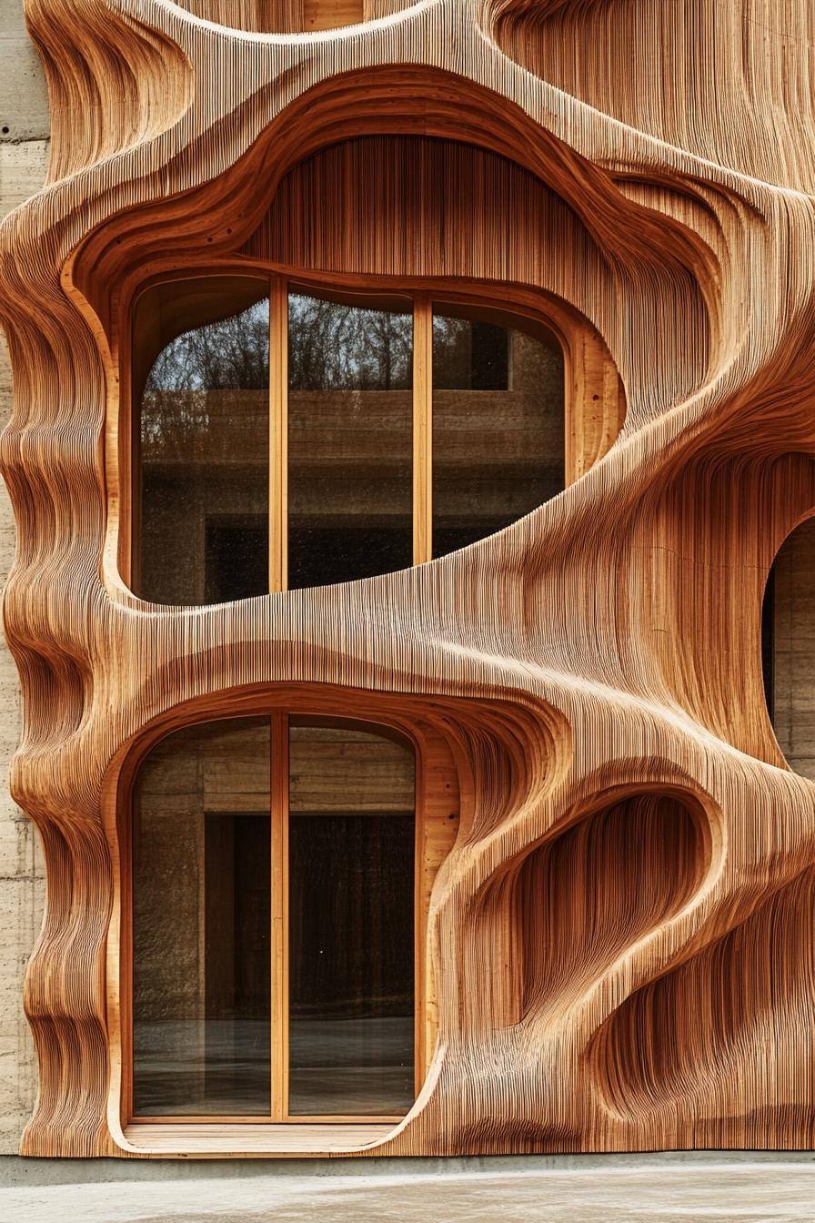 Wavy wood facade with ribbed design and large windows