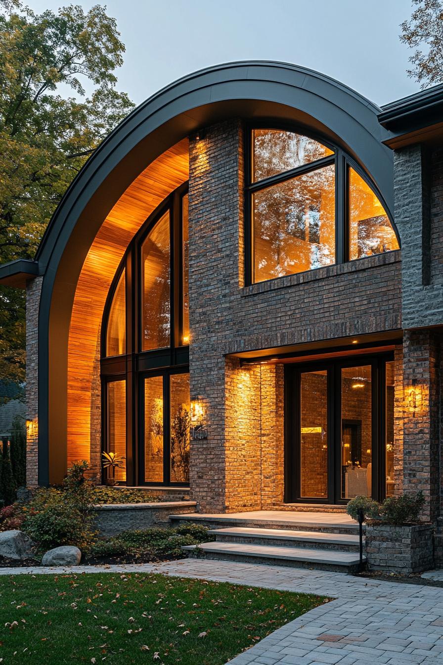 House with large windows and a curved brick facade