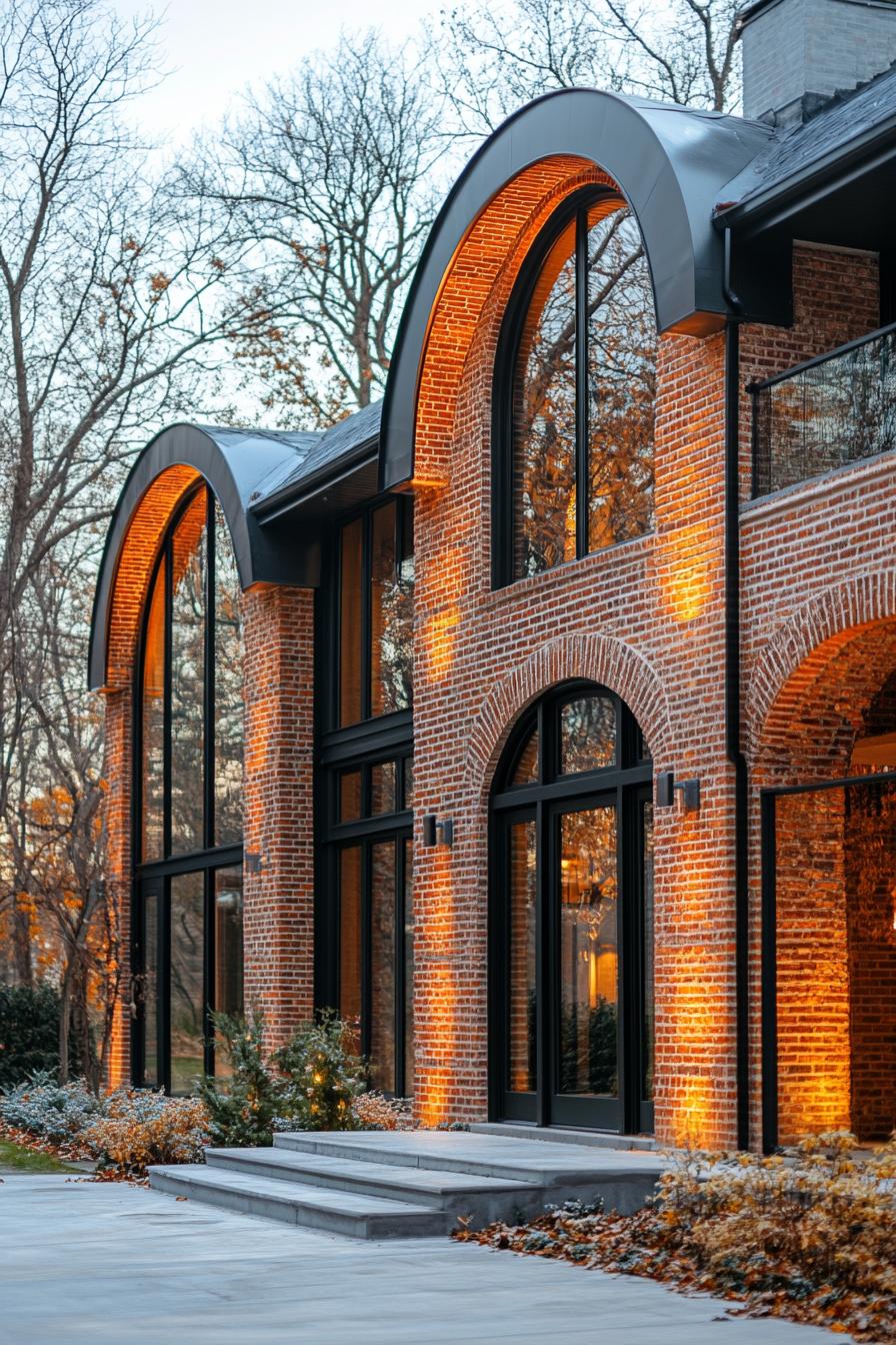 Brick house with glowing arches amid autumn foliage