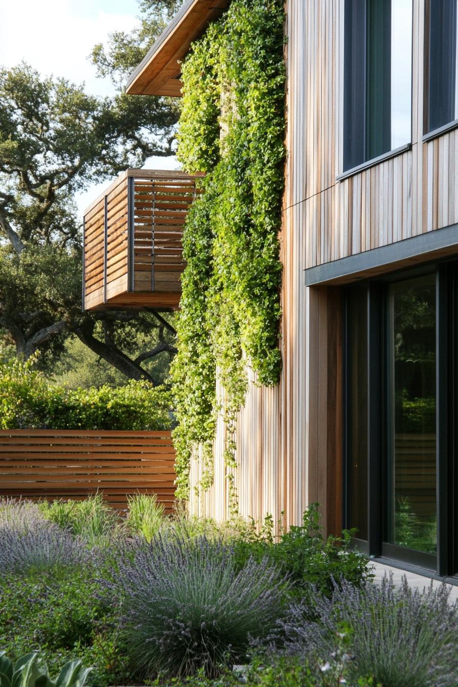 modern house facade with oak cladding and vertical wood slat panels modern wooden fence with vines 1