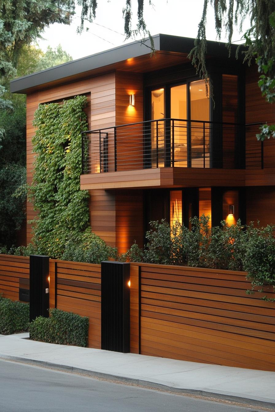 modern house facade with oak cladding and vertical wood slat panels modern wooden fence with vines 2