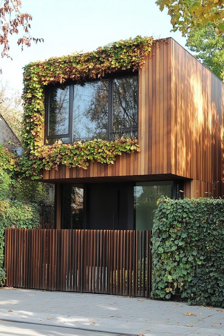 modern house facade with oak cladding and vertical wood slat panels modern wooden fence with vines 3