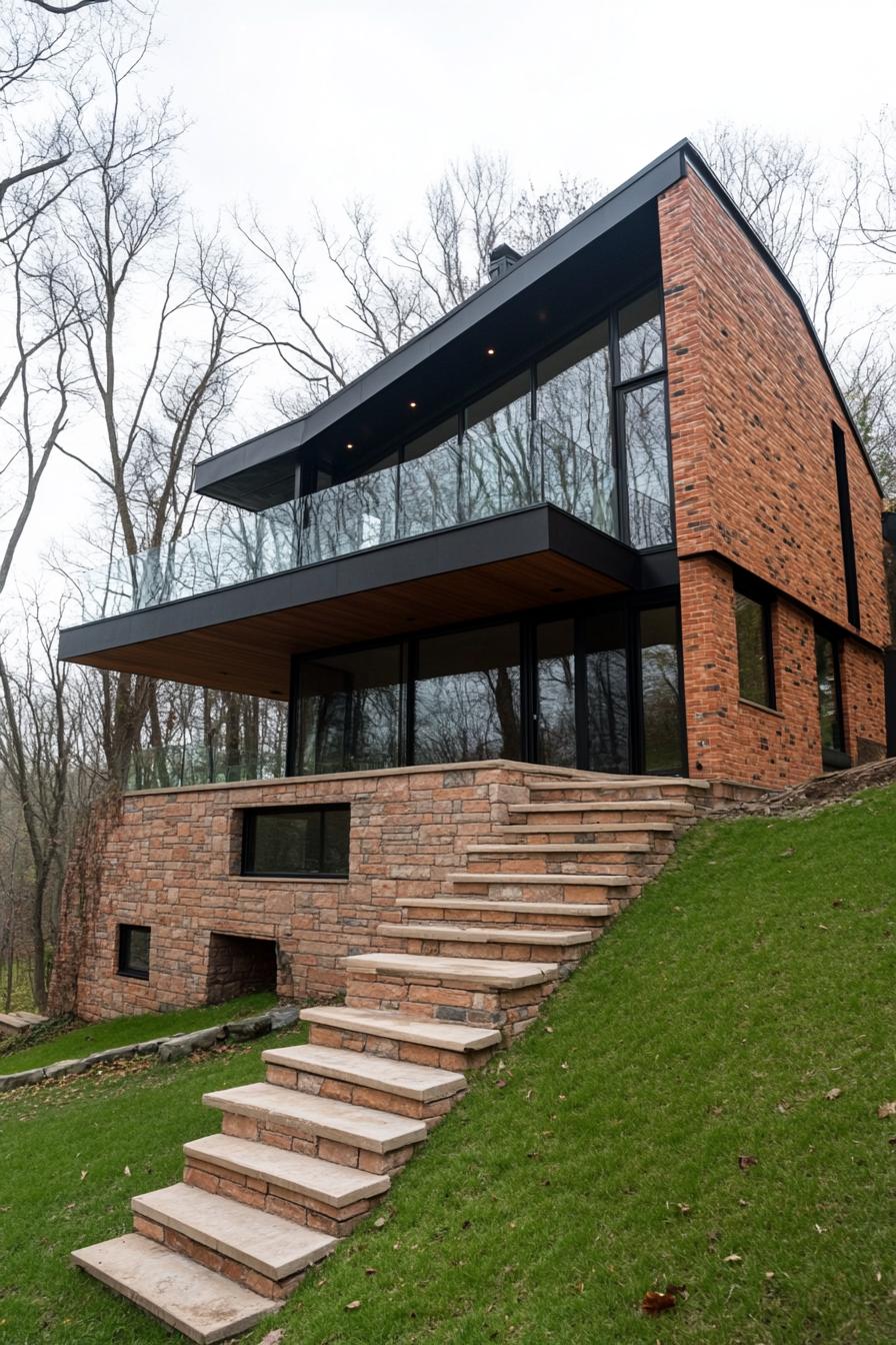 modern house with brick siding and modern geometric windows built on a 45 degree green slope and plain foot the house has a large terrace with glass 1