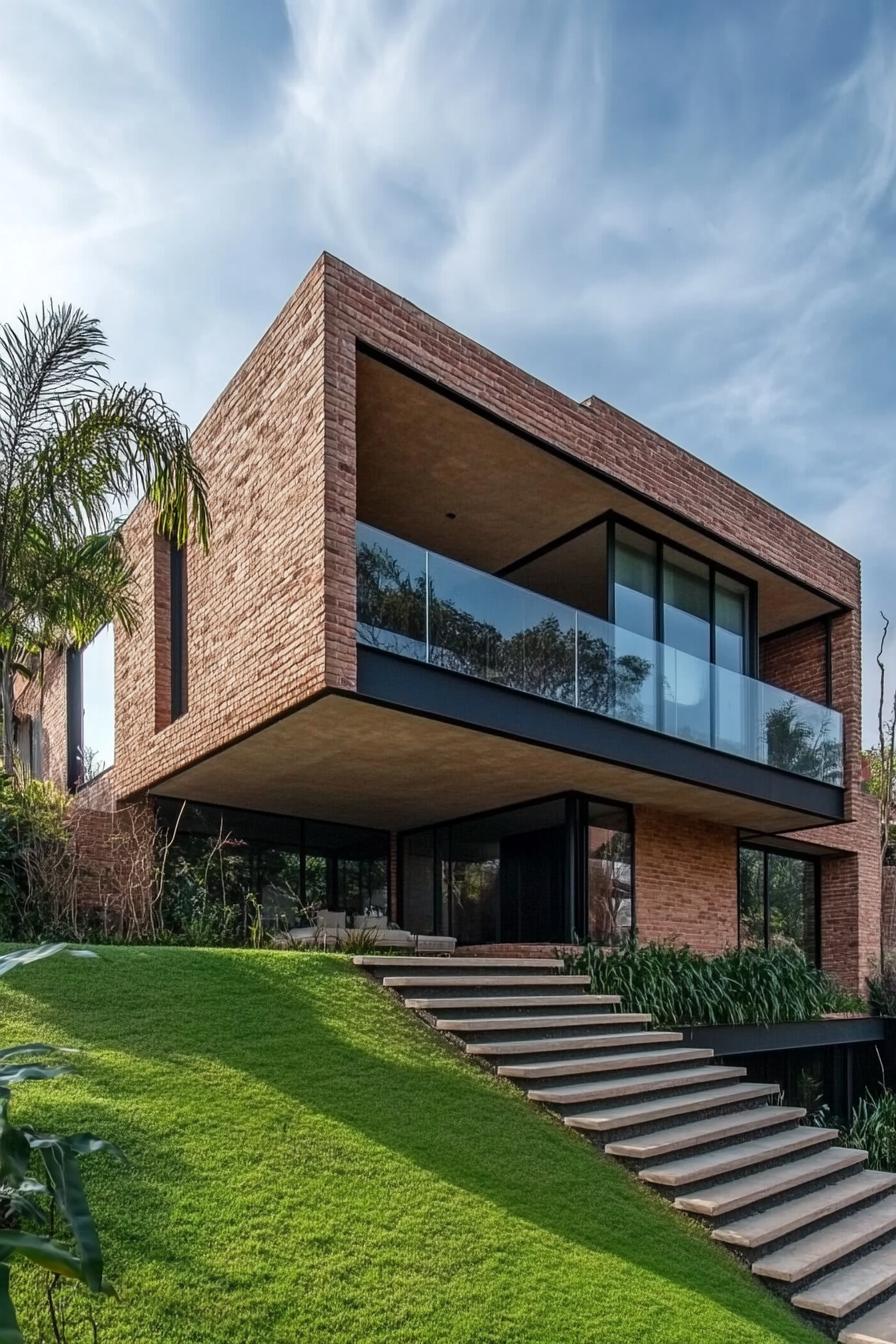 modern house with brick siding and modern geometric windows built on a 45 degree green slope and plain foot the house has a large terrace with glass