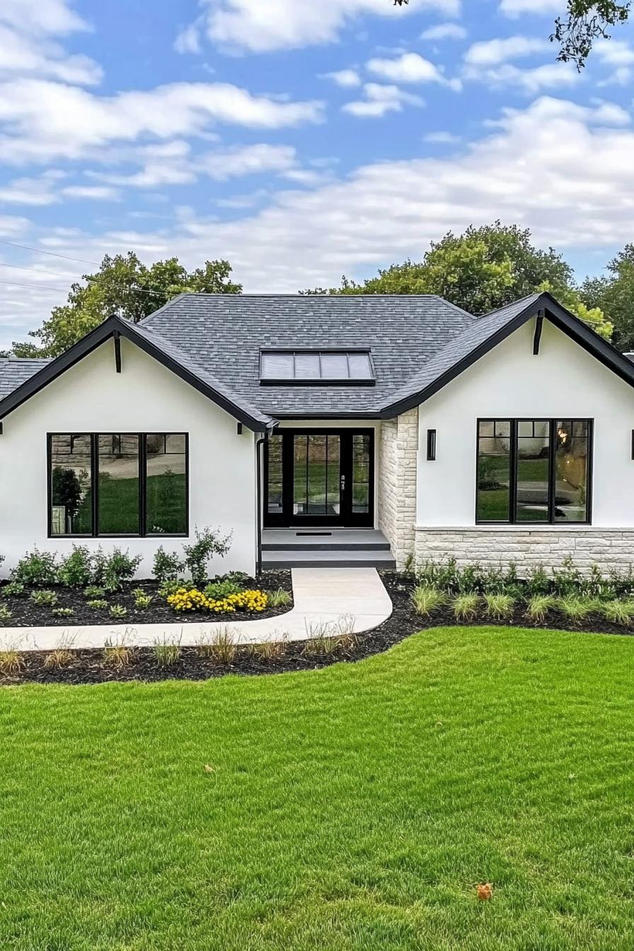 modern one story cottage painted white facade grey stone multi pitched roof large windows with black trim mulch front garden green lawn paved 1