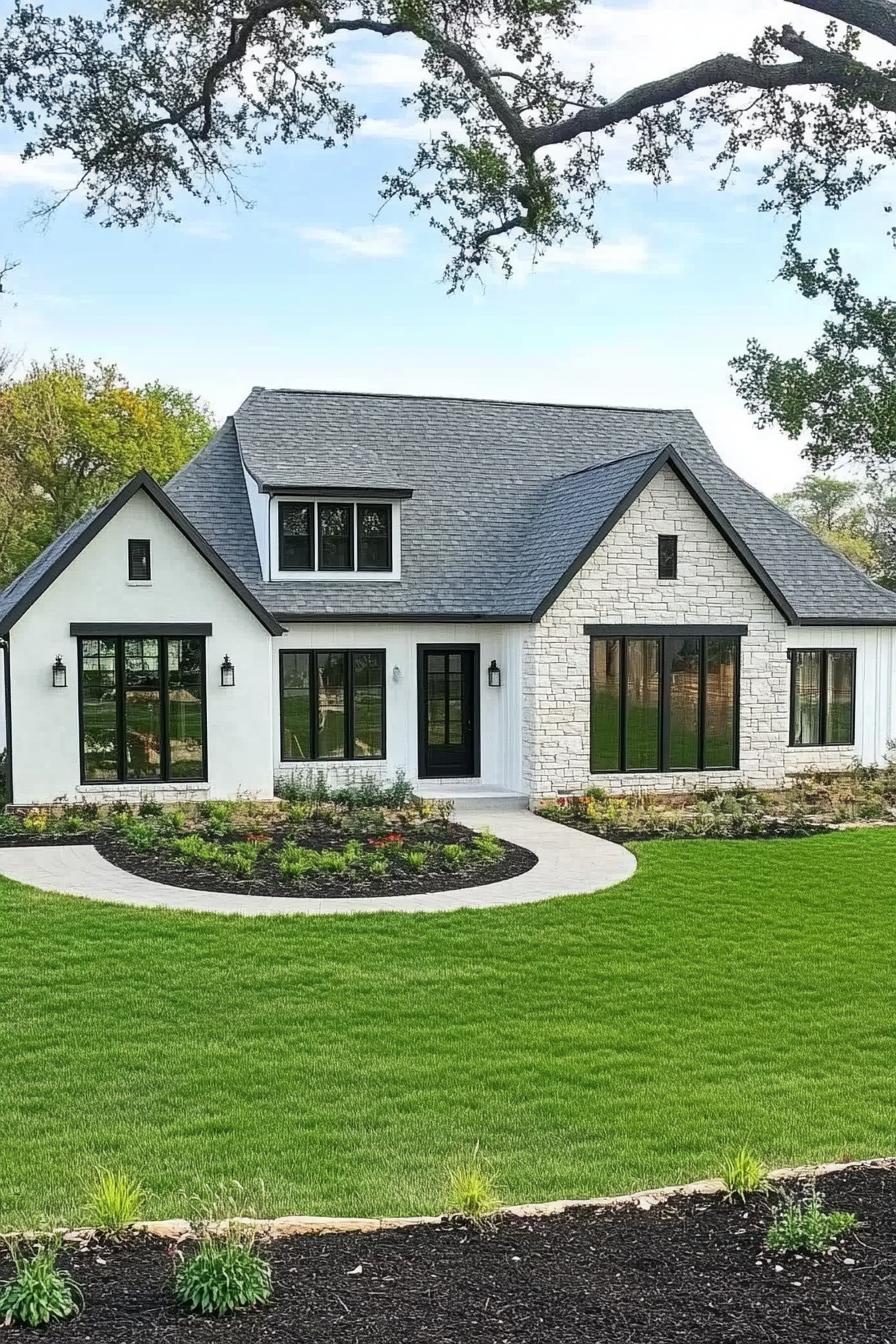 Cozy single-story house with manicured lawn and walkway