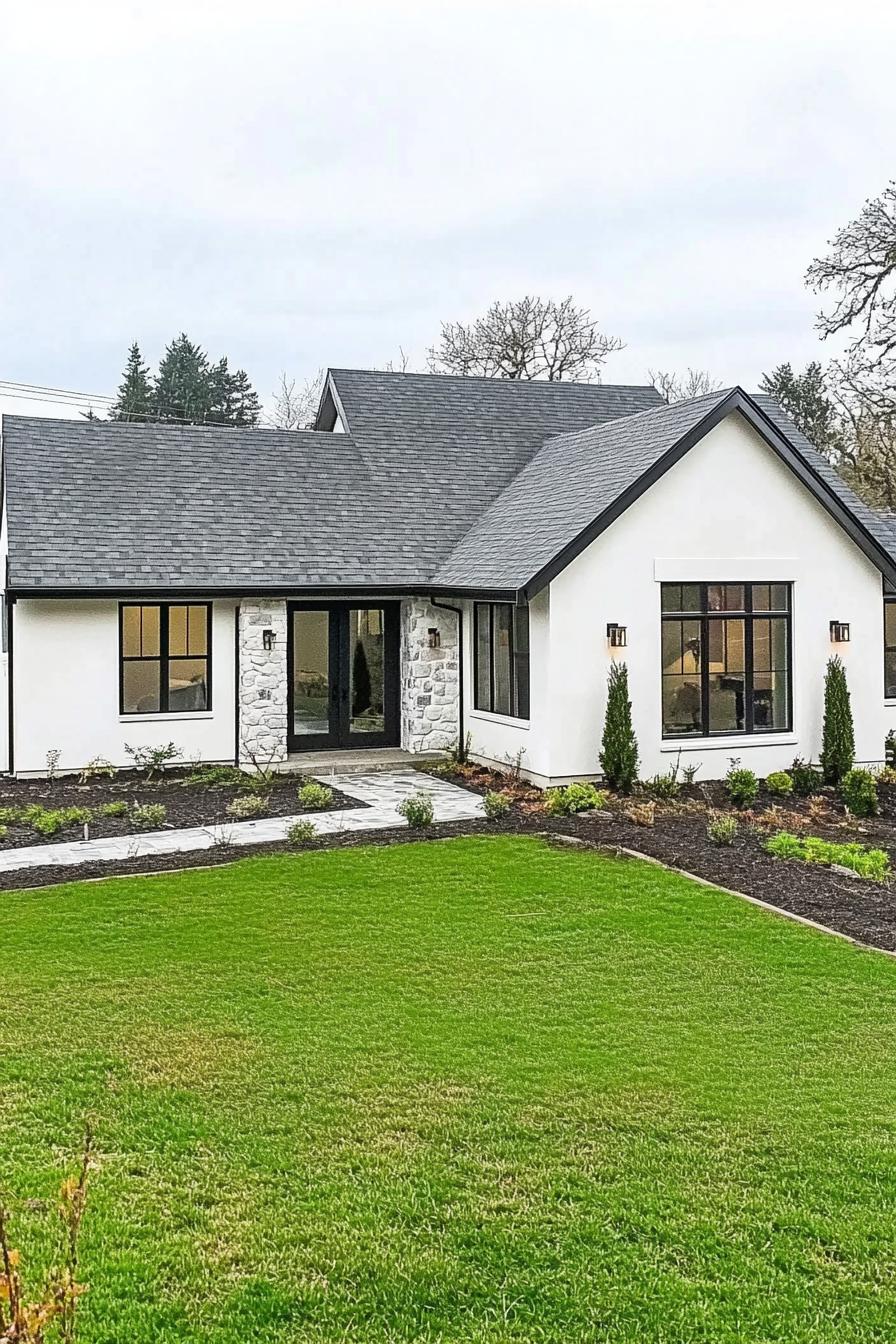 Modern one-story house with large windows and lush lawn