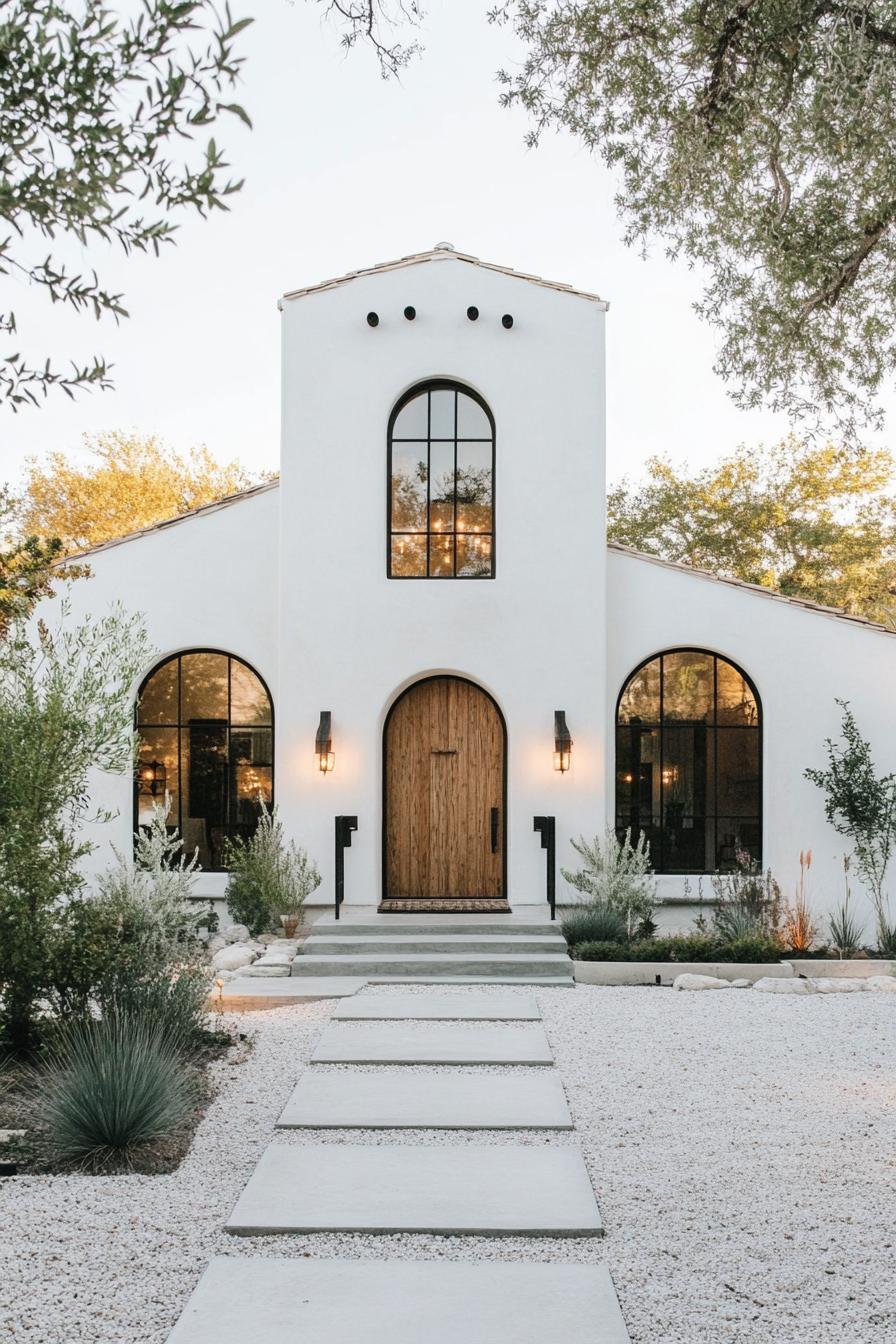 modern spanish house in white stucco modern arched windows in black trim large handcrafted wooden front door modern lamp fixtures gravel yard with 1